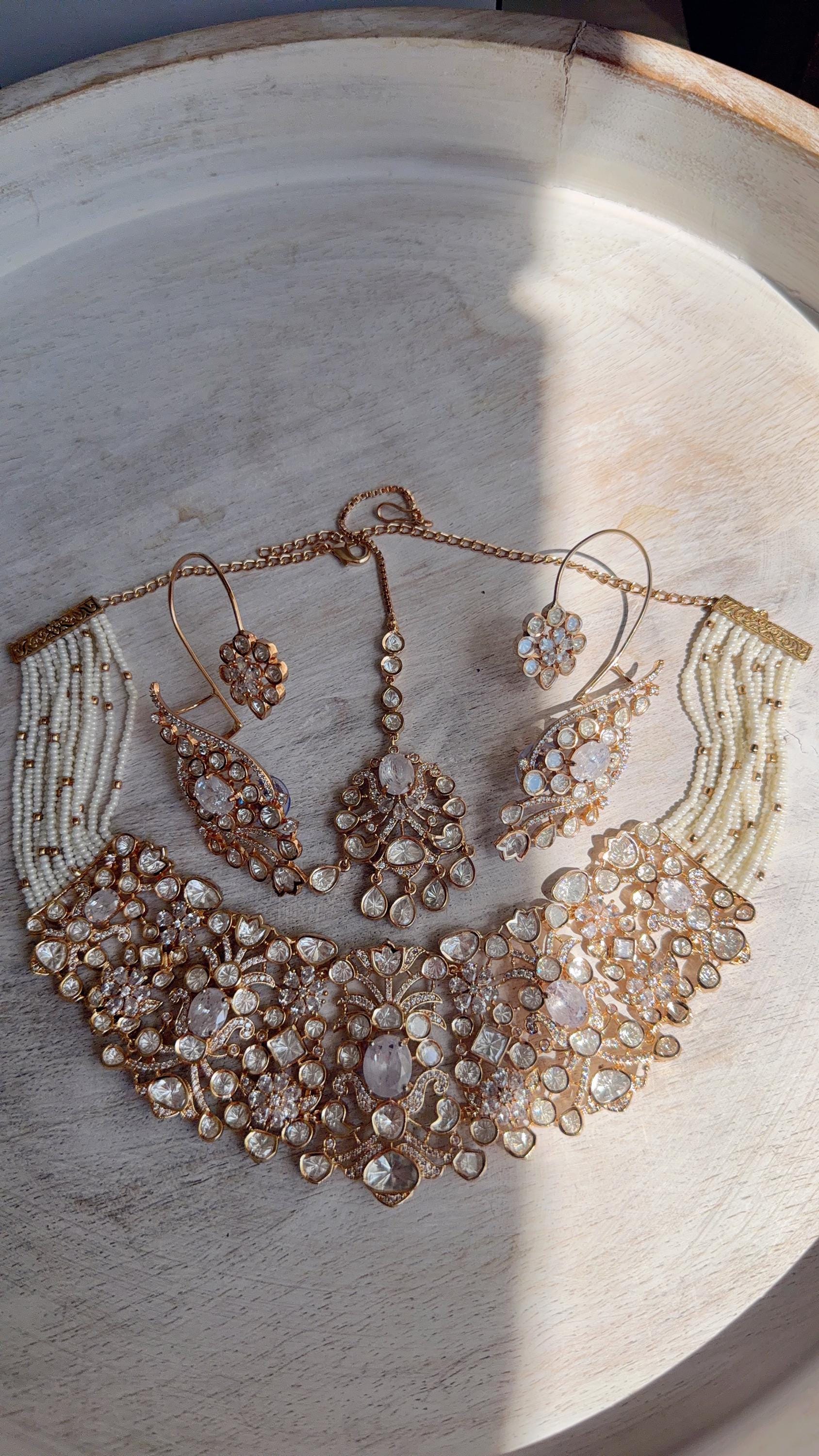 Nupur Sanon Inspired Gold Kundan Choker Necklace Set | Polki Kundan Jewelry with Ear Cuff Earrings & Maang Tikka