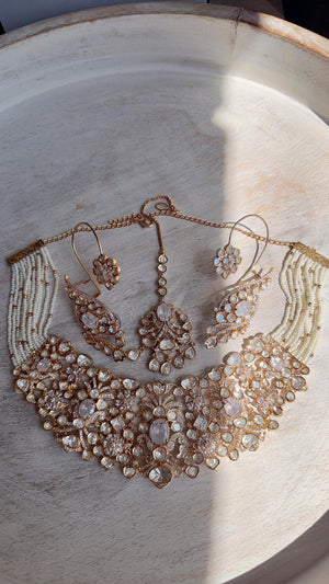 Nupur Sanon Inspired Gold Kundan Choker Necklace Set | Polki Kundan Jewelry with Ear Cuff Earrings & Maang Tikka