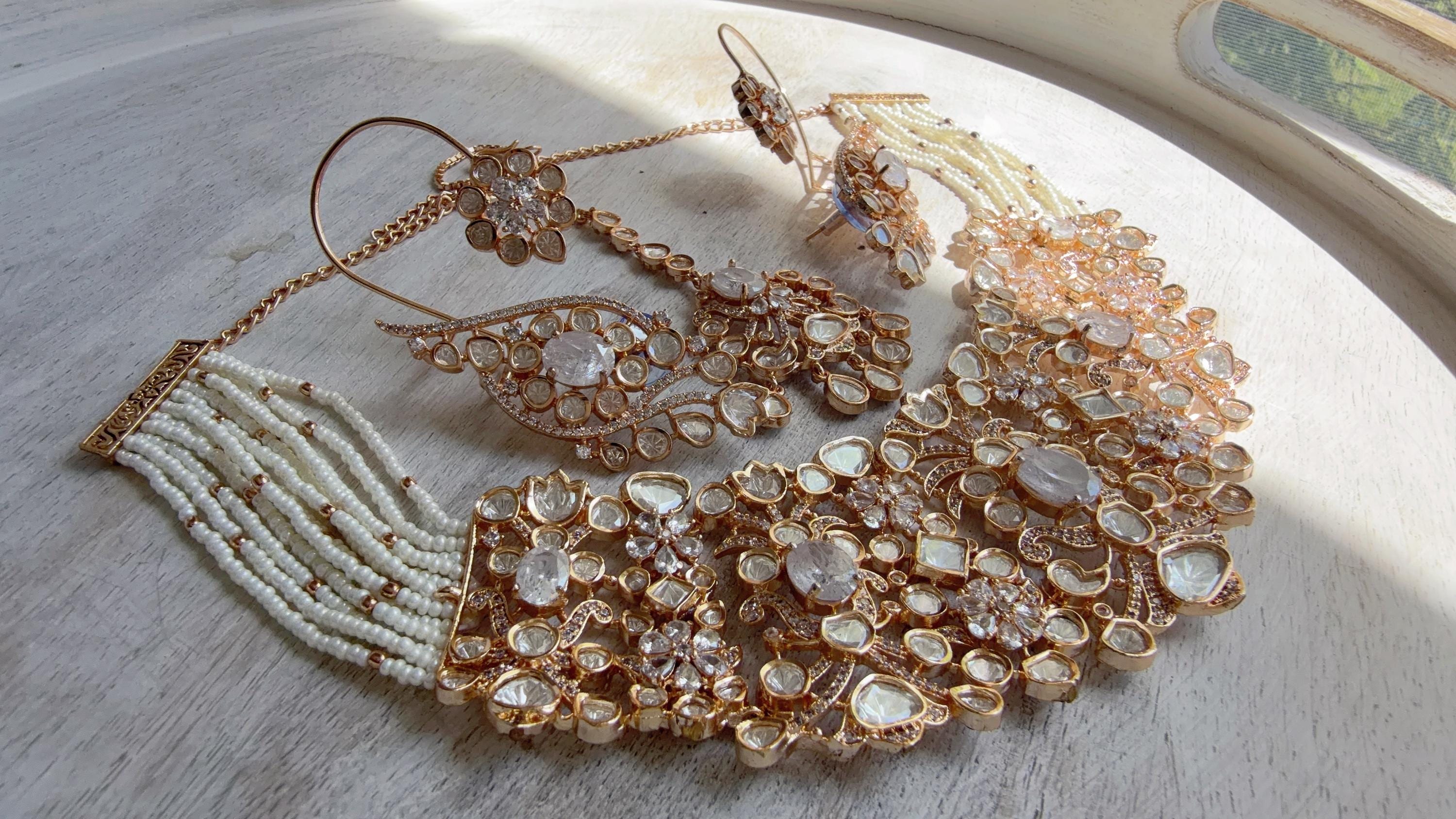 Nupur Sanon Inspired Gold Kundan Choker Necklace Set | Polki Kundan Jewelry with Ear Cuff Earrings & Maang Tikka