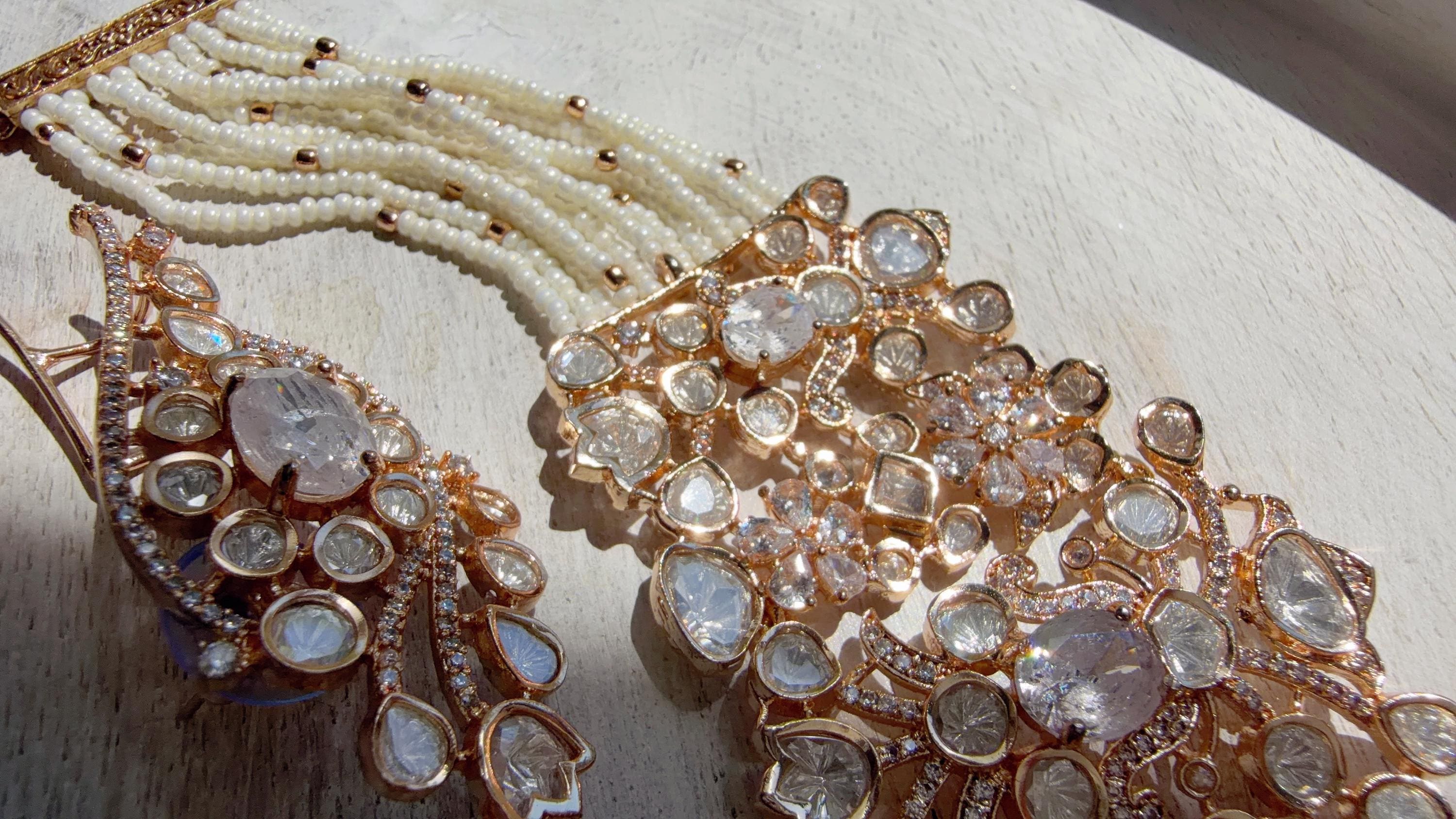 Nupur Sanon Inspired Gold Kundan Choker Necklace Set | Polki Kundan Jewelry with Ear Cuff Earrings & Maang Tikka