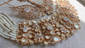 Nupur Sanon Inspired Gold Kundan Choker Necklace Set | Polki Kundan Jewelry with Ear Cuff Earrings & Maang Tikka