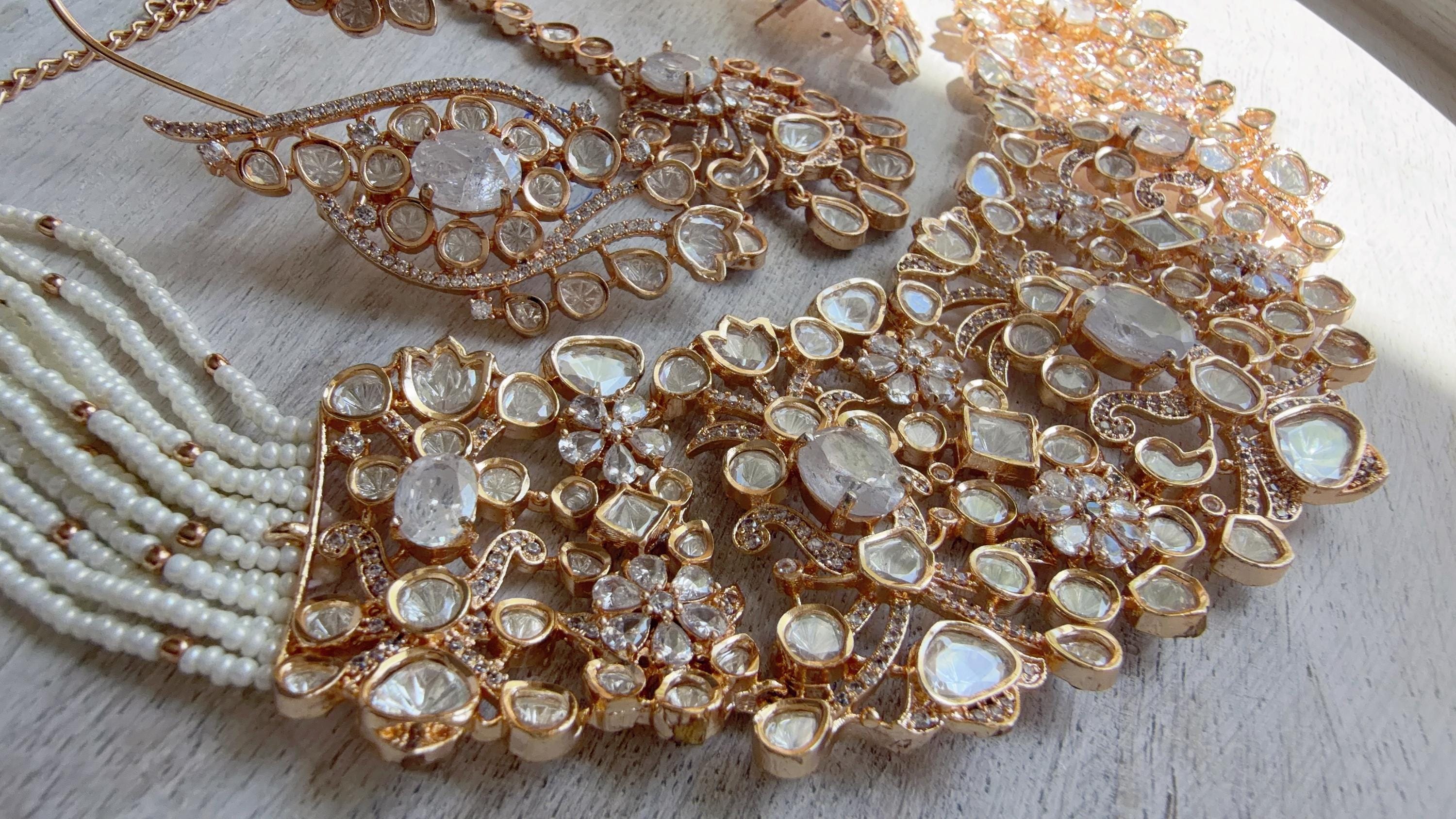 Nupur Sanon Inspired Gold Kundan Choker Necklace Set | Polki Kundan Jewelry with Ear Cuff Earrings & Maang Tikka