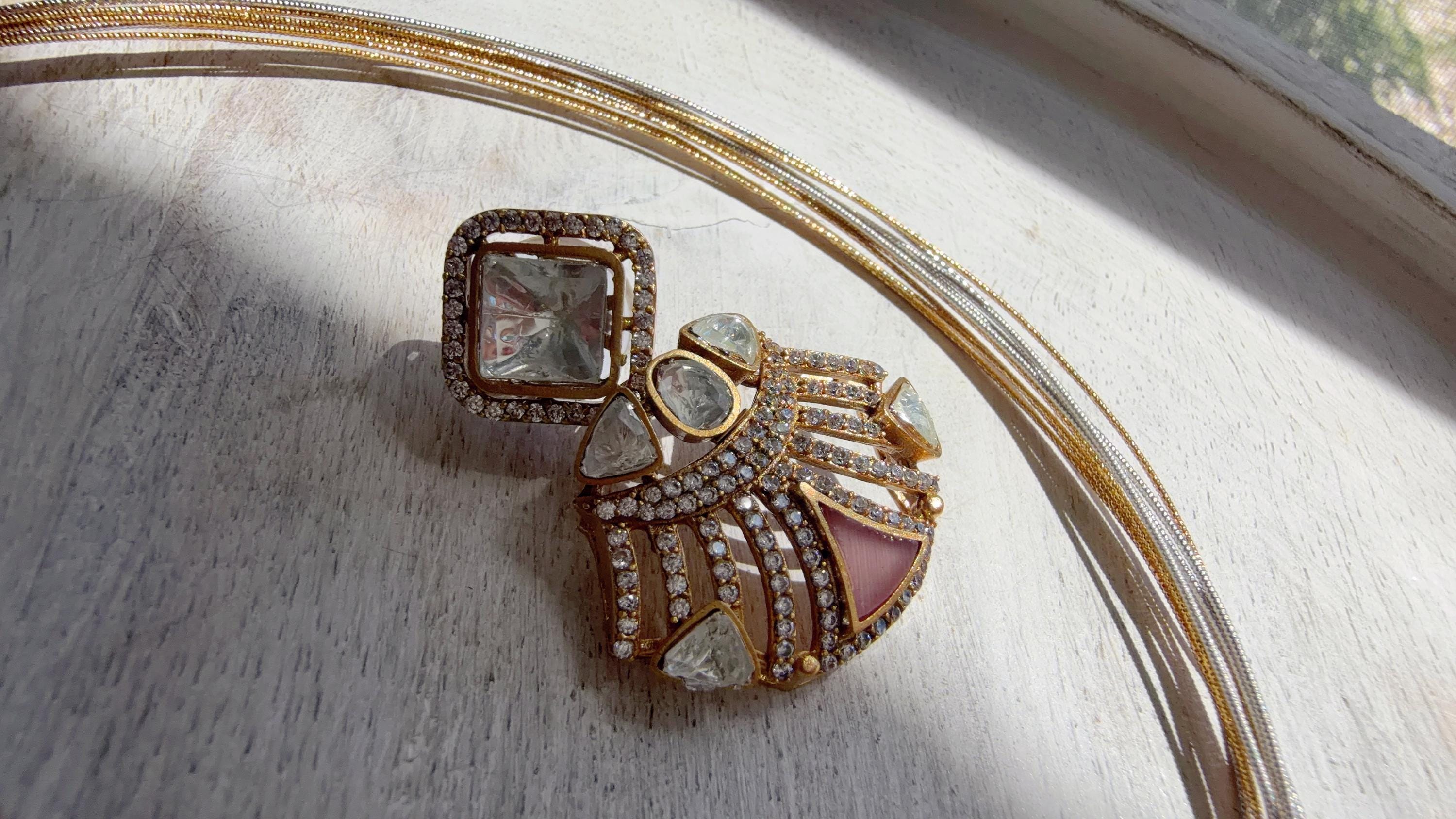 Dull Pink Moissanite Hasli Necklace Set with Earrings | Traditional Divine Diamond Ganesha Hasli Choker | Indian Wedding Jewelry – Rani
