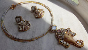 Dull Pink Moissanite Hasli Necklace Set with Earrings | Traditional Divine Diamond Ganesha Hasli Choker | Indian Wedding Jewelry – Rani