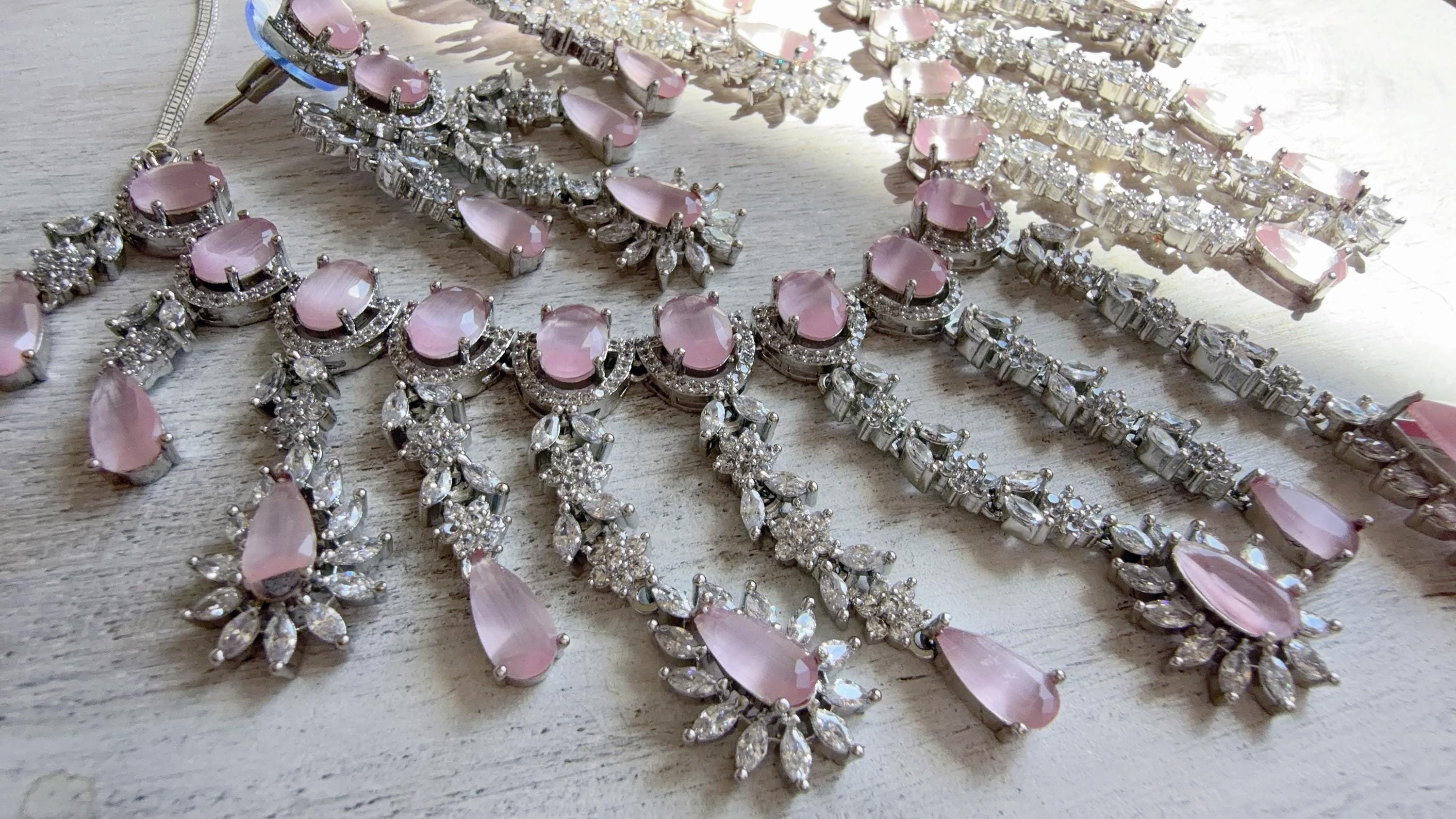 Baby Pink CZ Statement Necklace Set | Silver Tone Indian Bridal Jewelry | Wedding & Reception Necklace
