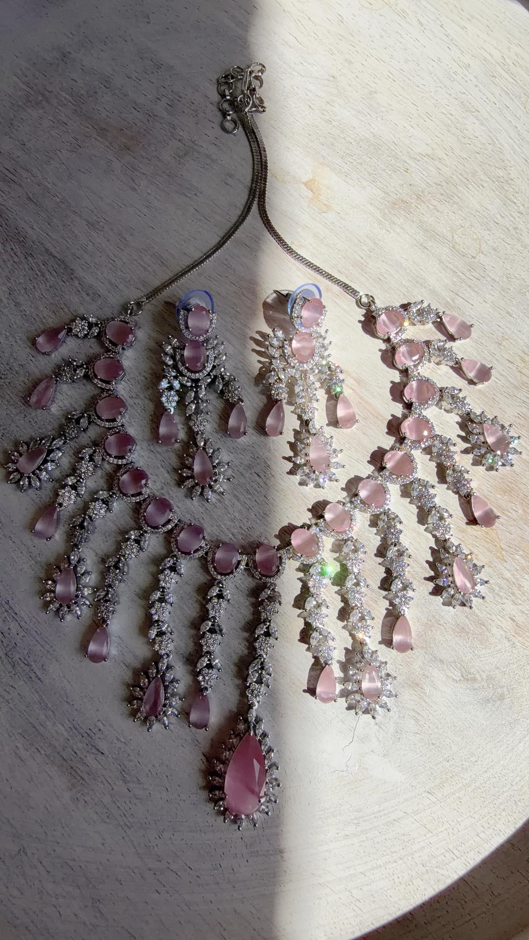 Baby Pink CZ Statement Necklace Set | Silver Tone Indian Bridal Jewelry | Wedding & Reception Necklace