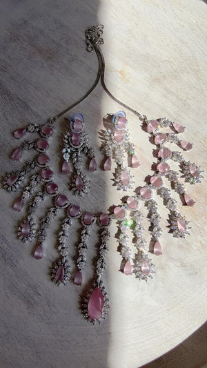 Baby Pink CZ Statement Necklace Set | Silver Tone Indian Bridal Jewelry | Wedding & Reception Necklace