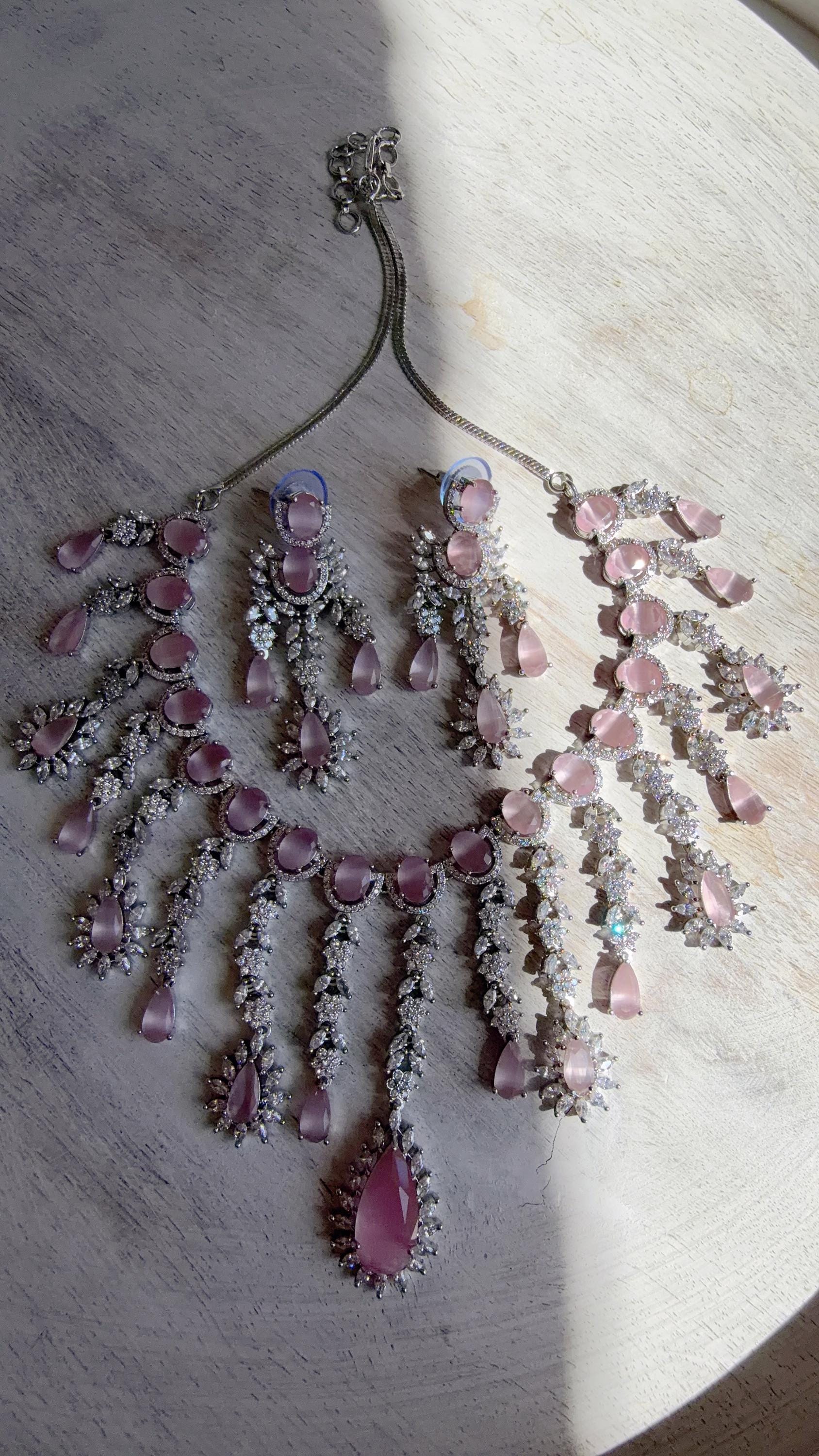 Baby Pink CZ Statement Necklace Set | Silver Tone Indian Bridal Jewelry | Wedding & Reception Necklace