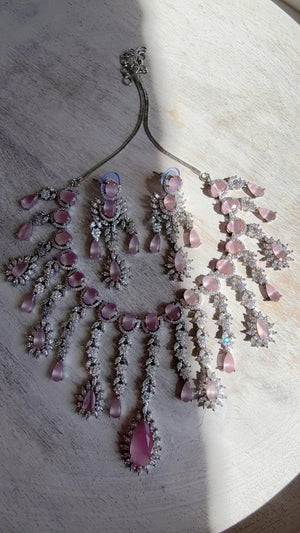 Baby Pink CZ Statement Necklace Set | Silver Tone Indian Bridal Jewelry | Wedding & Reception Necklace