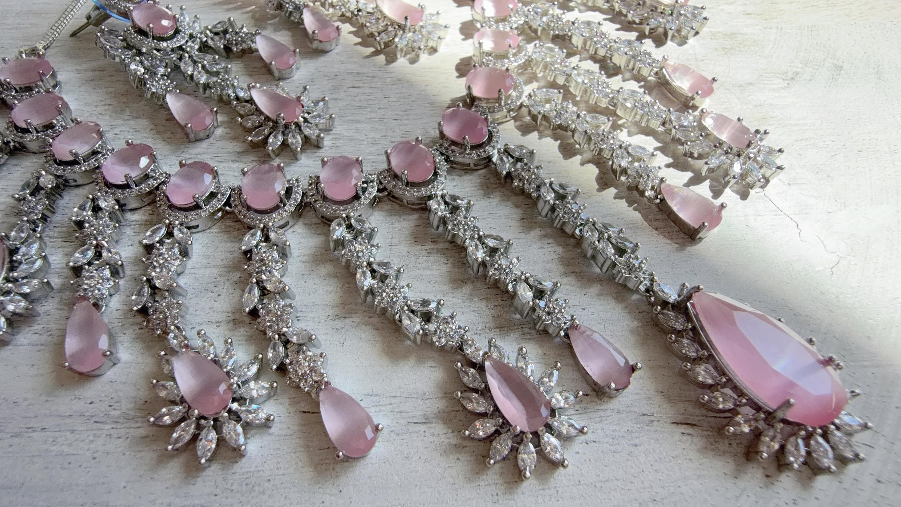 Baby Pink CZ Statement Necklace Set | Silver Tone Indian Bridal Jewelry | Wedding & Reception Necklace