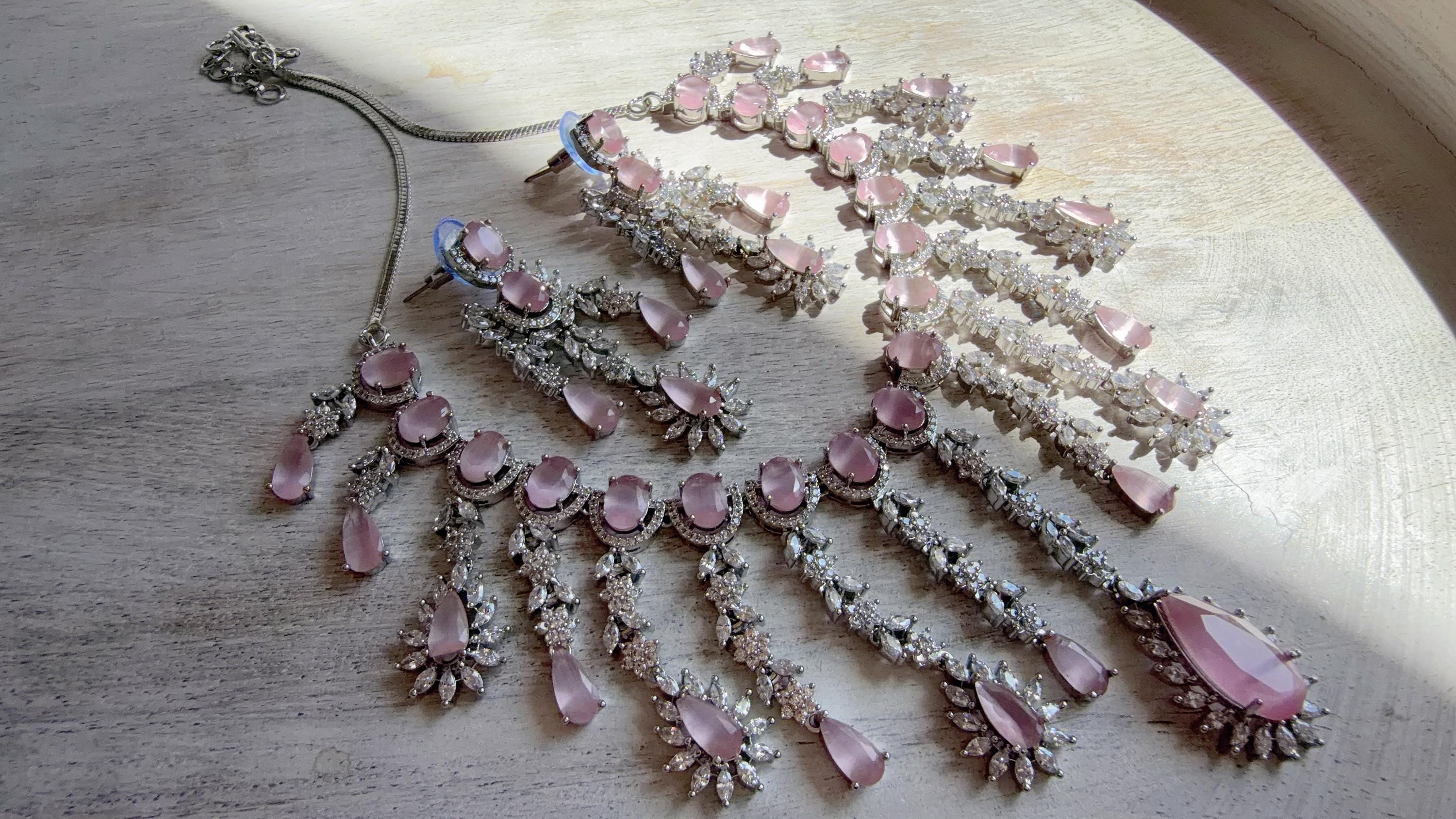 Baby Pink CZ Statement Necklace Set | Silver Tone Indian Bridal Jewelry | Wedding & Reception Necklace