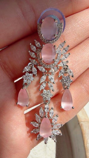 Baby Pink CZ Statement Necklace Set | Silver Tone Indian Bridal Jewelry | Wedding & Reception Necklace