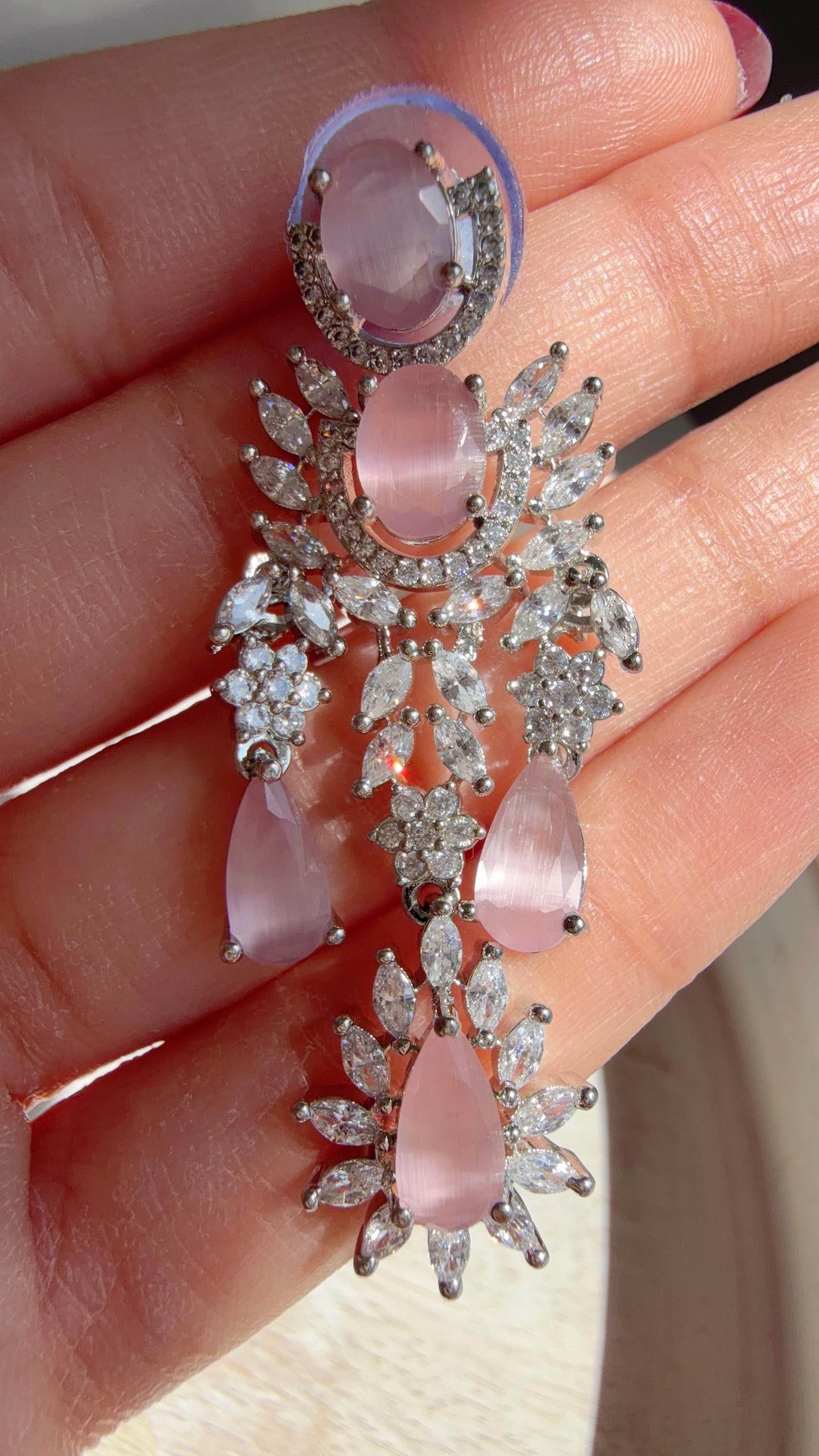 Baby Pink CZ Statement Necklace Set | Silver Tone Indian Bridal Jewelry | Wedding & Reception Necklace