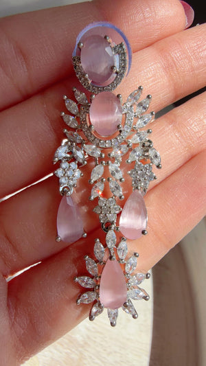 Baby Pink CZ Statement Necklace Set | Silver Tone Indian Bridal Jewelry | Wedding & Reception Necklace