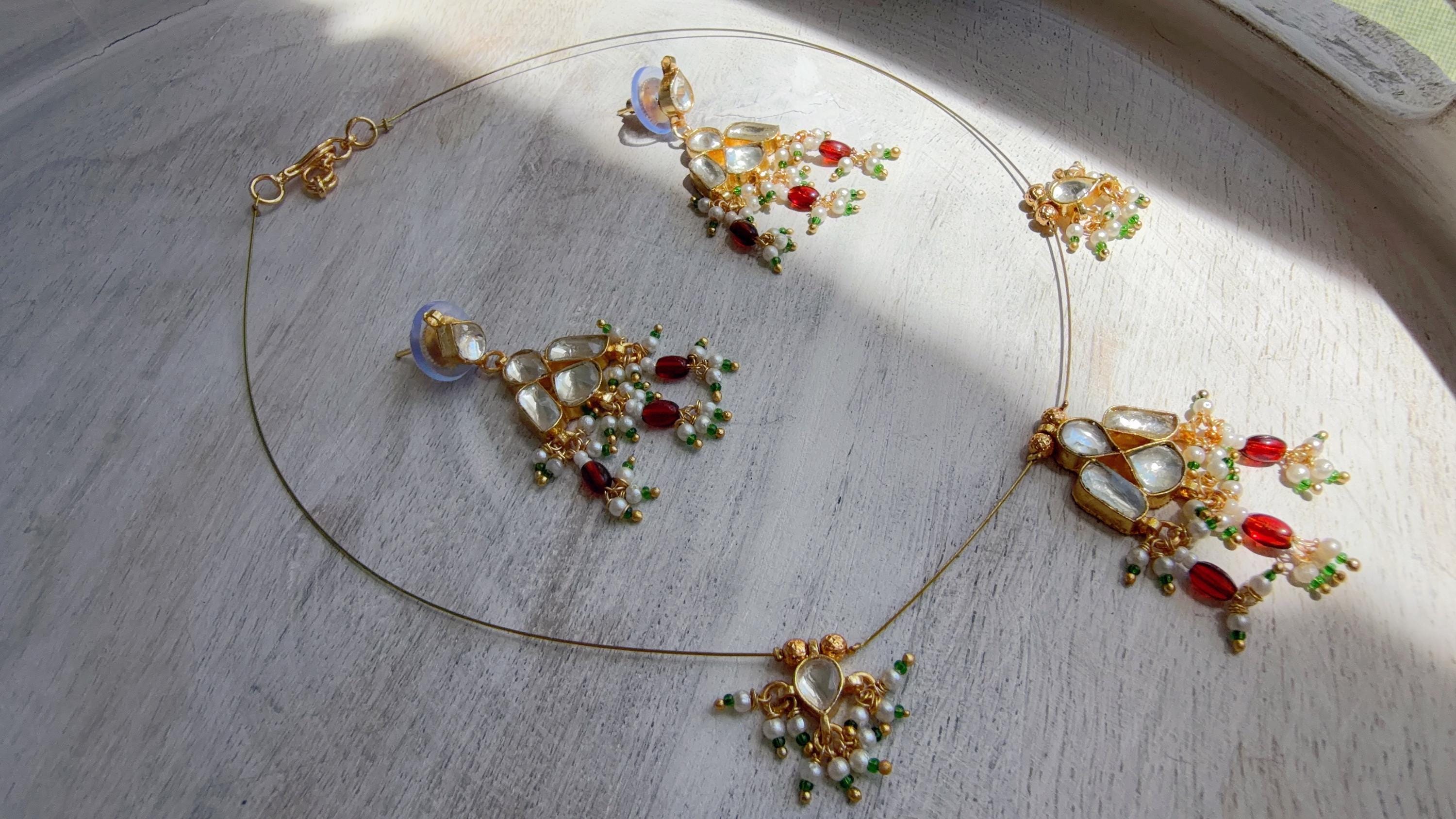 Pachi Kundan Invisible Jewelry Set | Elephant Kundan Jadau Invisible Necklace | Simple Drop Choker