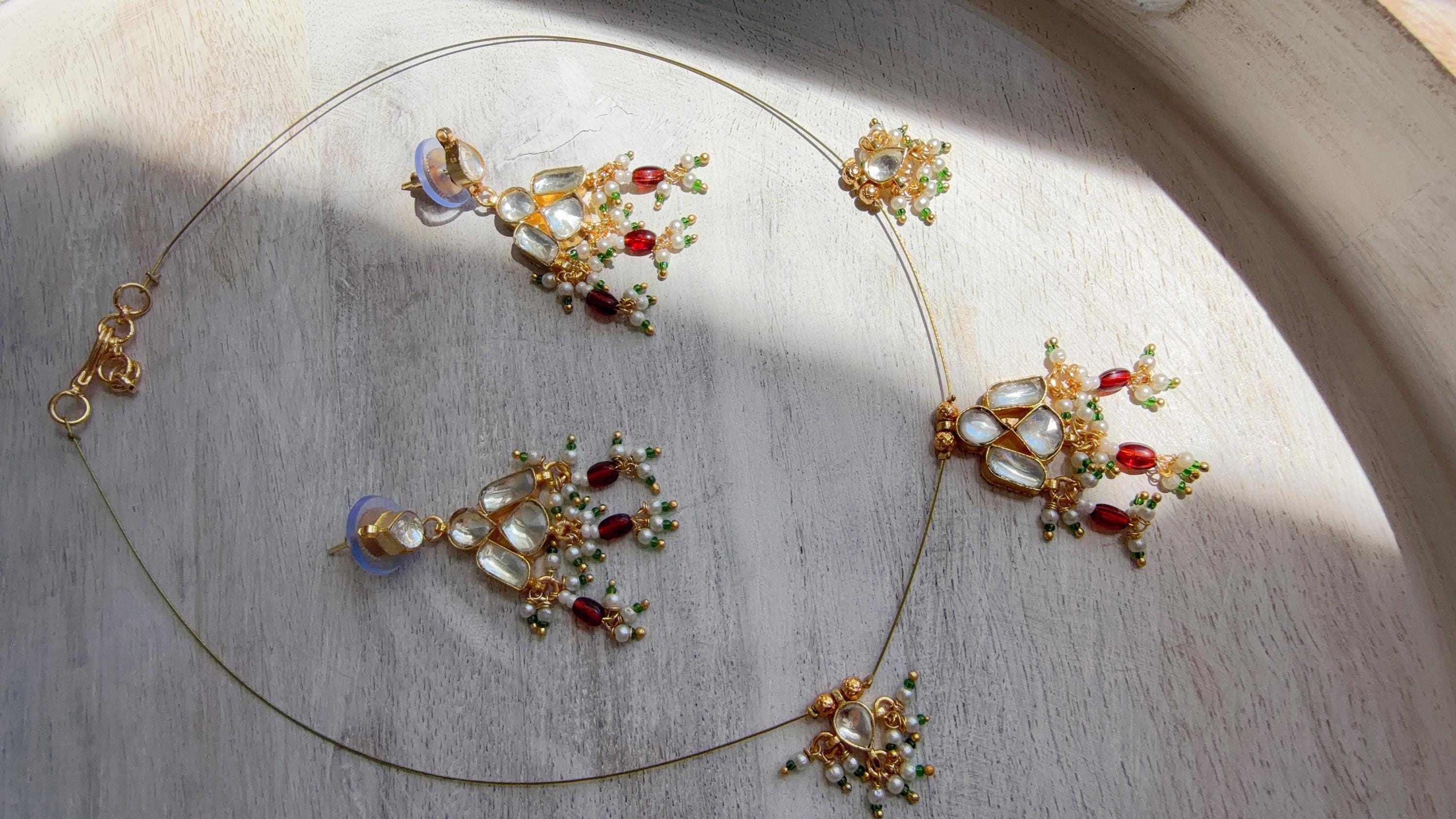 Pachi Kundan Invisible Jewelry Set | Elephant Kundan Jadau Invisible Necklace | Simple Drop Choker