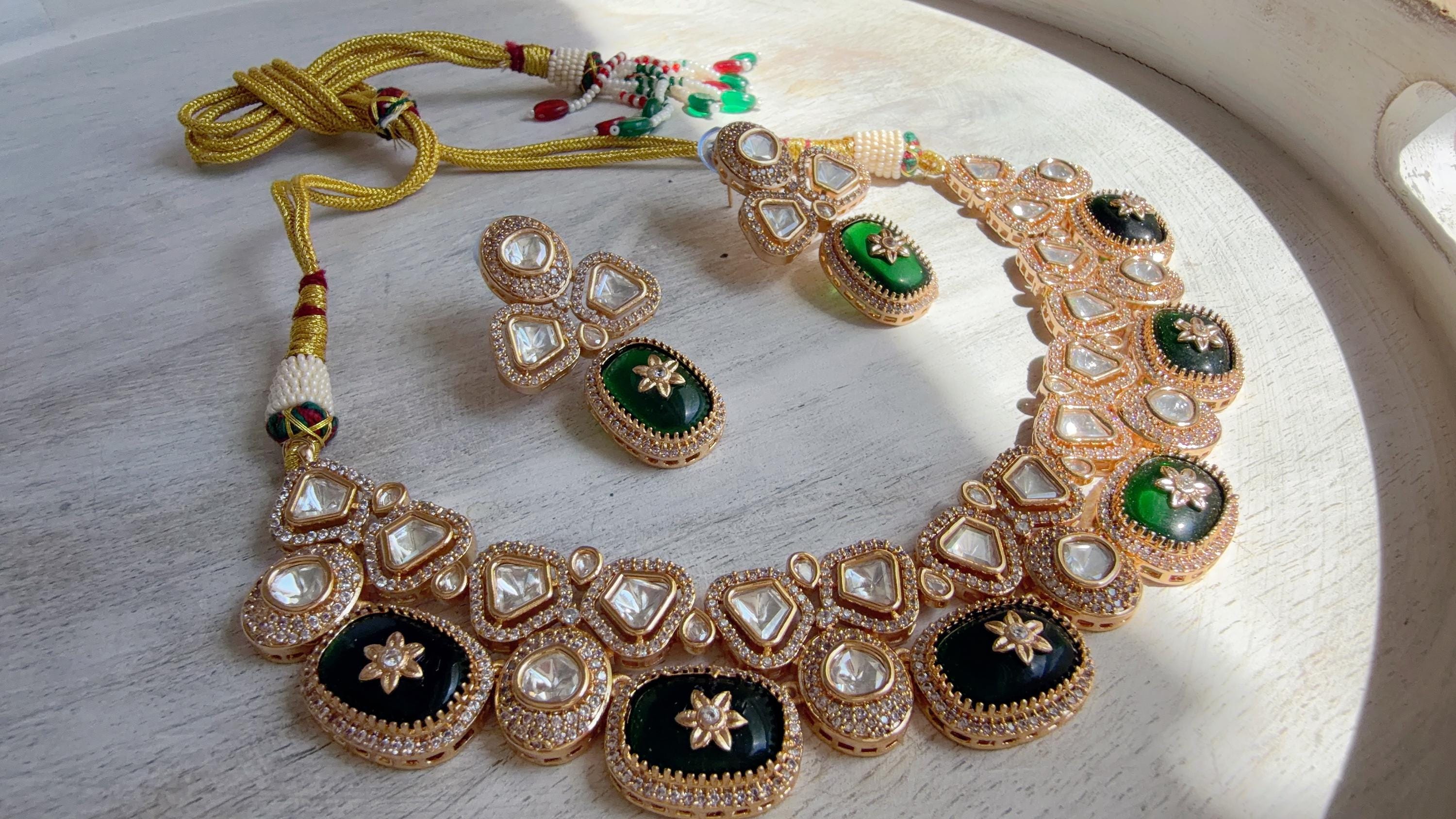 Green Kundan Polki Choker Necklace Set | Gold Finish Statement Choker with Blue Beads | Indian Bridal Jewelry