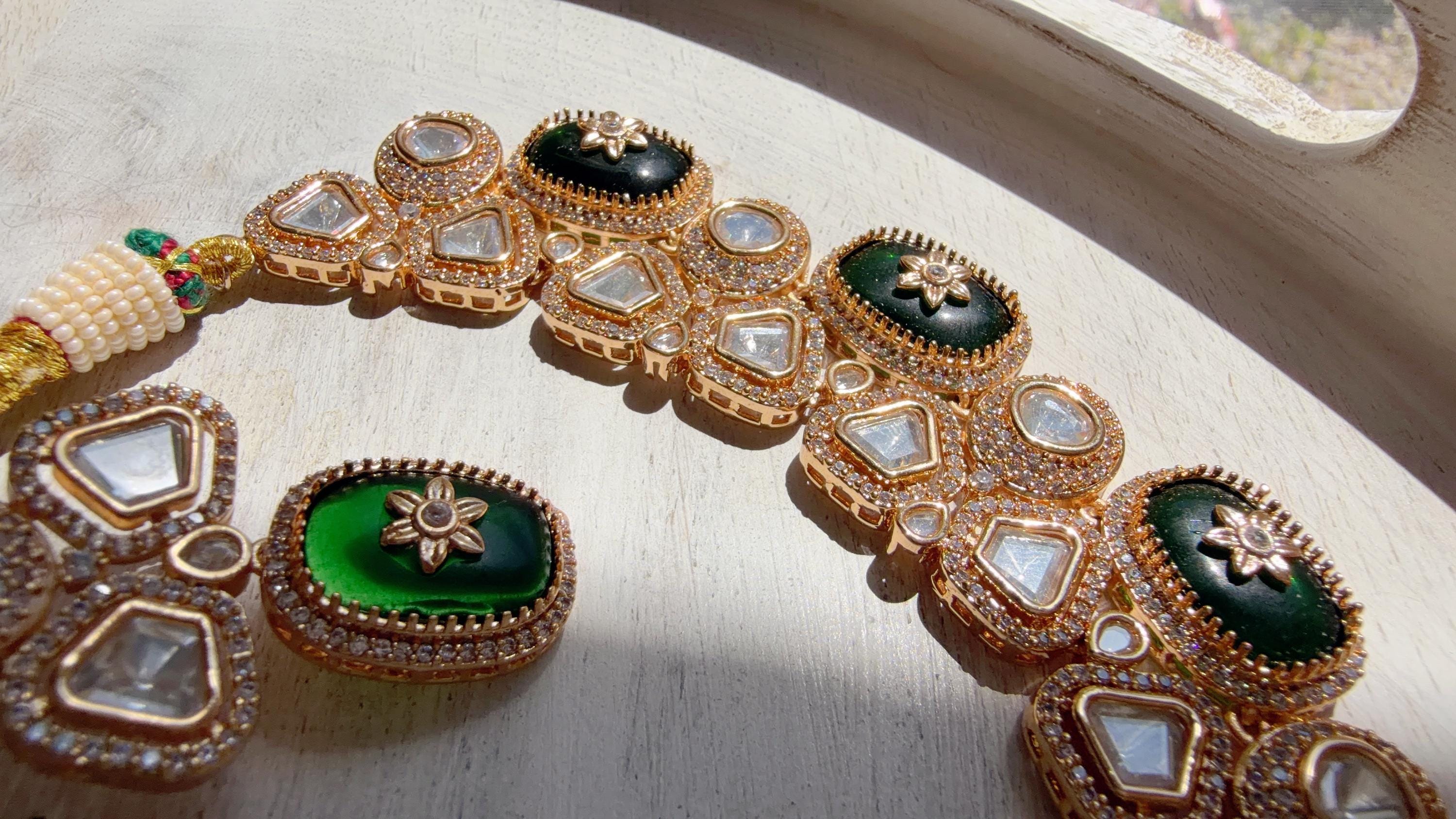 Green Kundan Polki Choker Necklace Set | Gold Finish Statement Choker with Blue Beads | Indian Bridal Jewelry