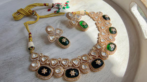 Green Kundan Polki Choker Necklace Set | Gold Finish Statement Choker with Blue Beads | Indian Bridal Jewelry