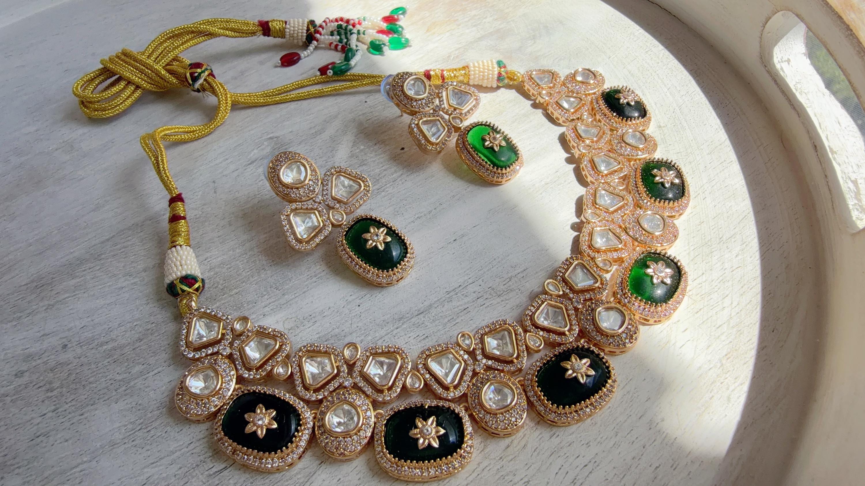 Green Kundan Polki Choker Necklace Set | Gold Finish Statement Choker with Blue Beads | Indian Bridal Jewelry