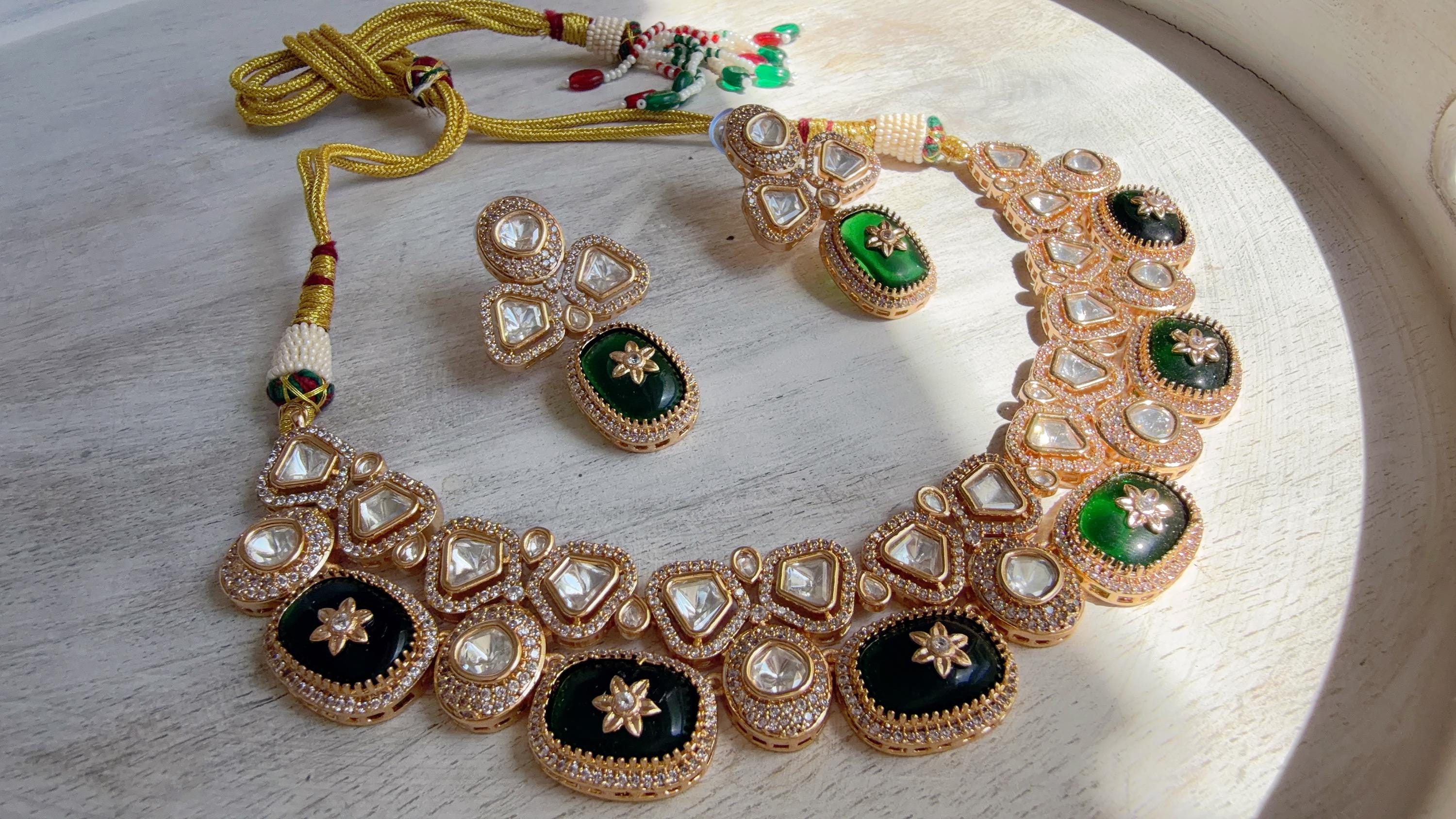 Green Kundan Polki Choker Necklace Set | Gold Finish Statement Choker with Blue Beads | Indian Bridal Jewelry