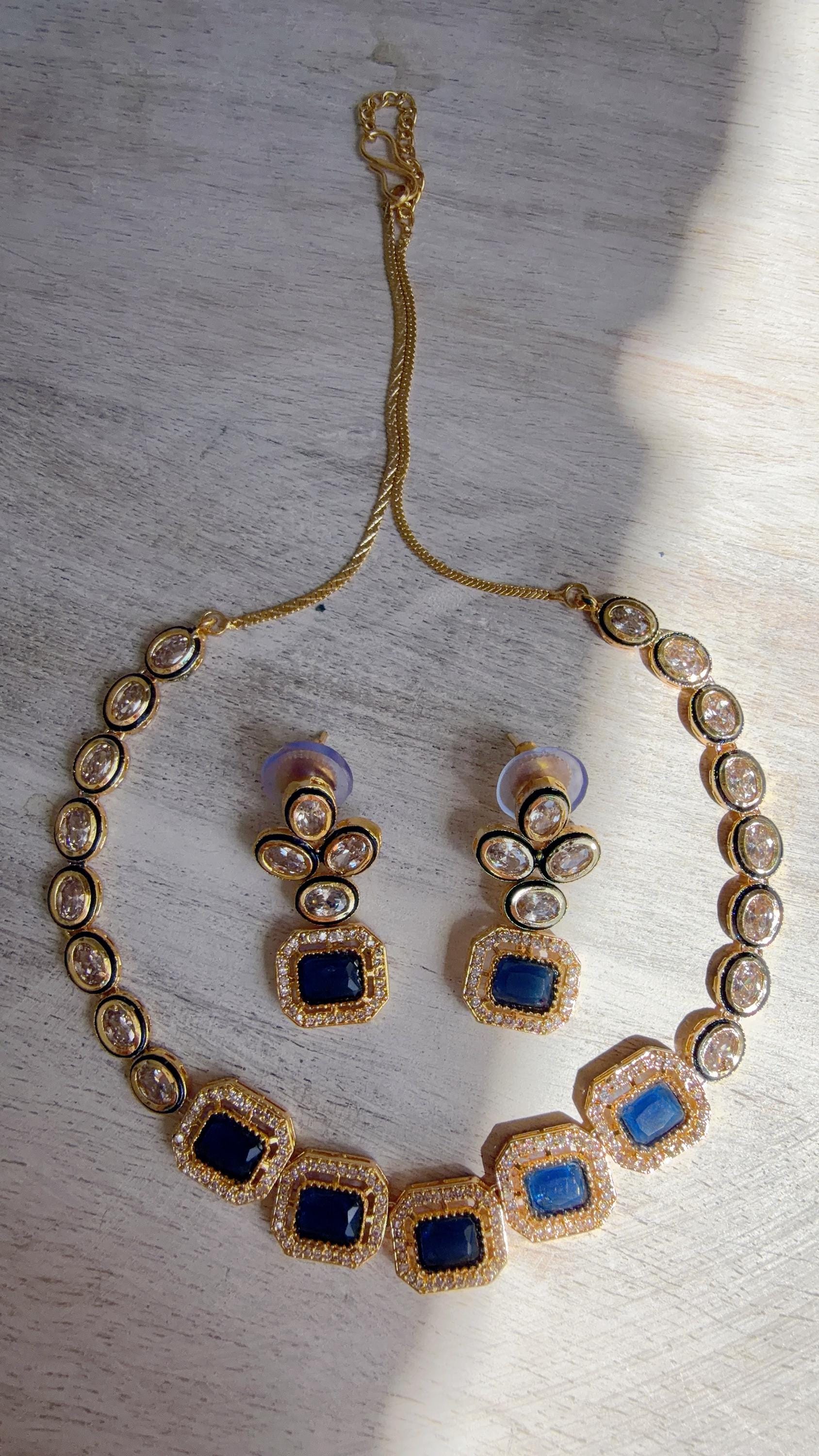 Polki Kundan Blue Necklace Set with Earrings | Indian Bridal Wedding Necklace | Traditional Polki Necklace - Mehak
