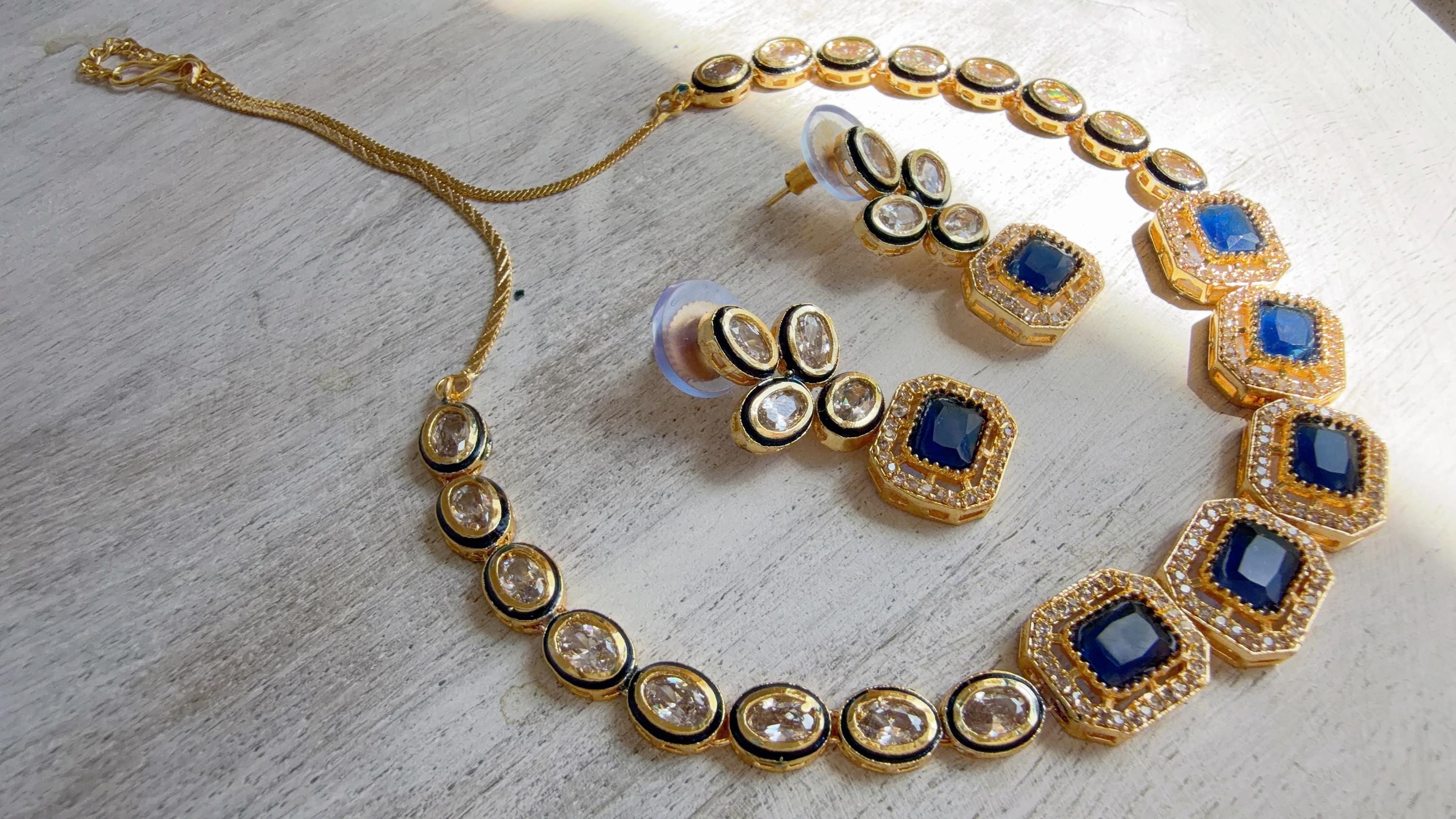 Polki Kundan Blue Necklace Set with Earrings | Indian Bridal Wedding Necklace | Traditional Polki Necklace - Mehak