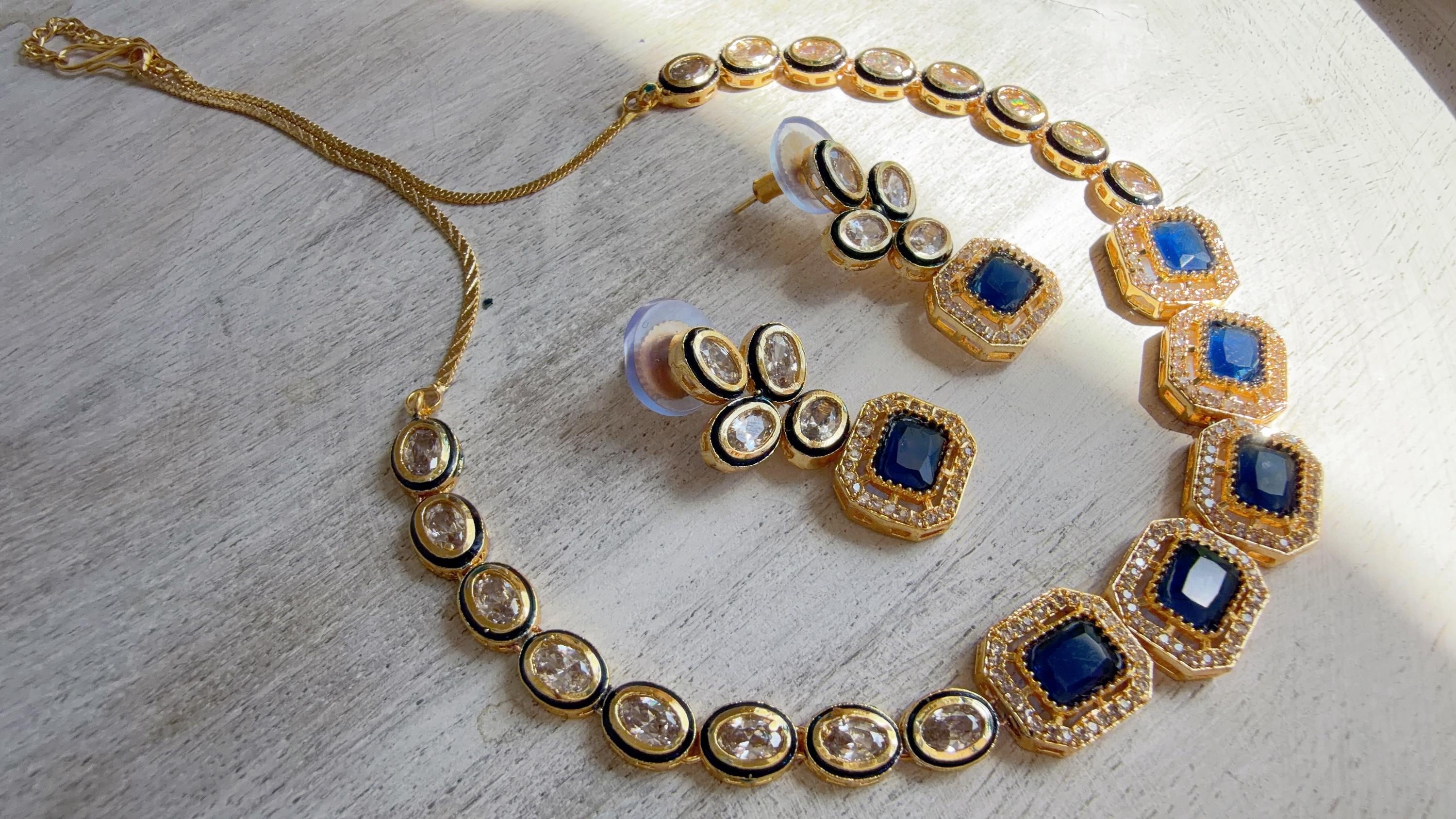 Polki Kundan Blue Necklace Set with Earrings | Indian Bridal Wedding Necklace | Traditional Polki Necklace - Mehak
