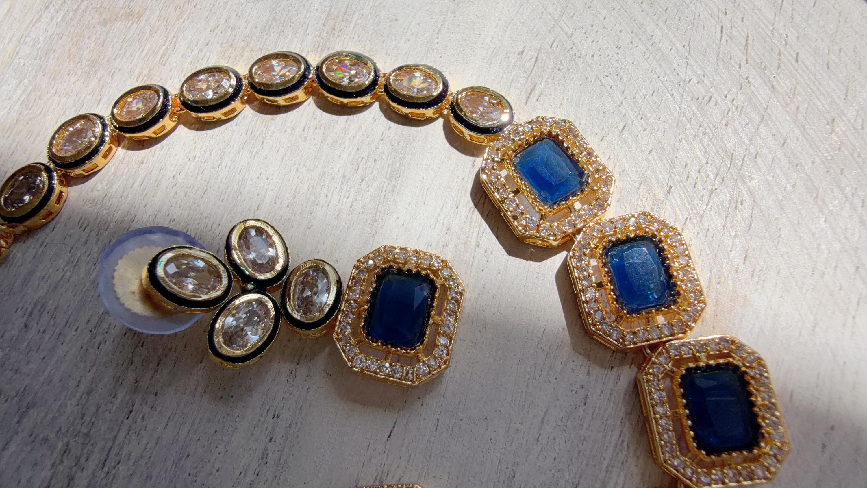 Polki Kundan Blue Necklace Set with Earrings | Indian Bridal Wedding Necklace | Traditional Polki Necklace - Mehak