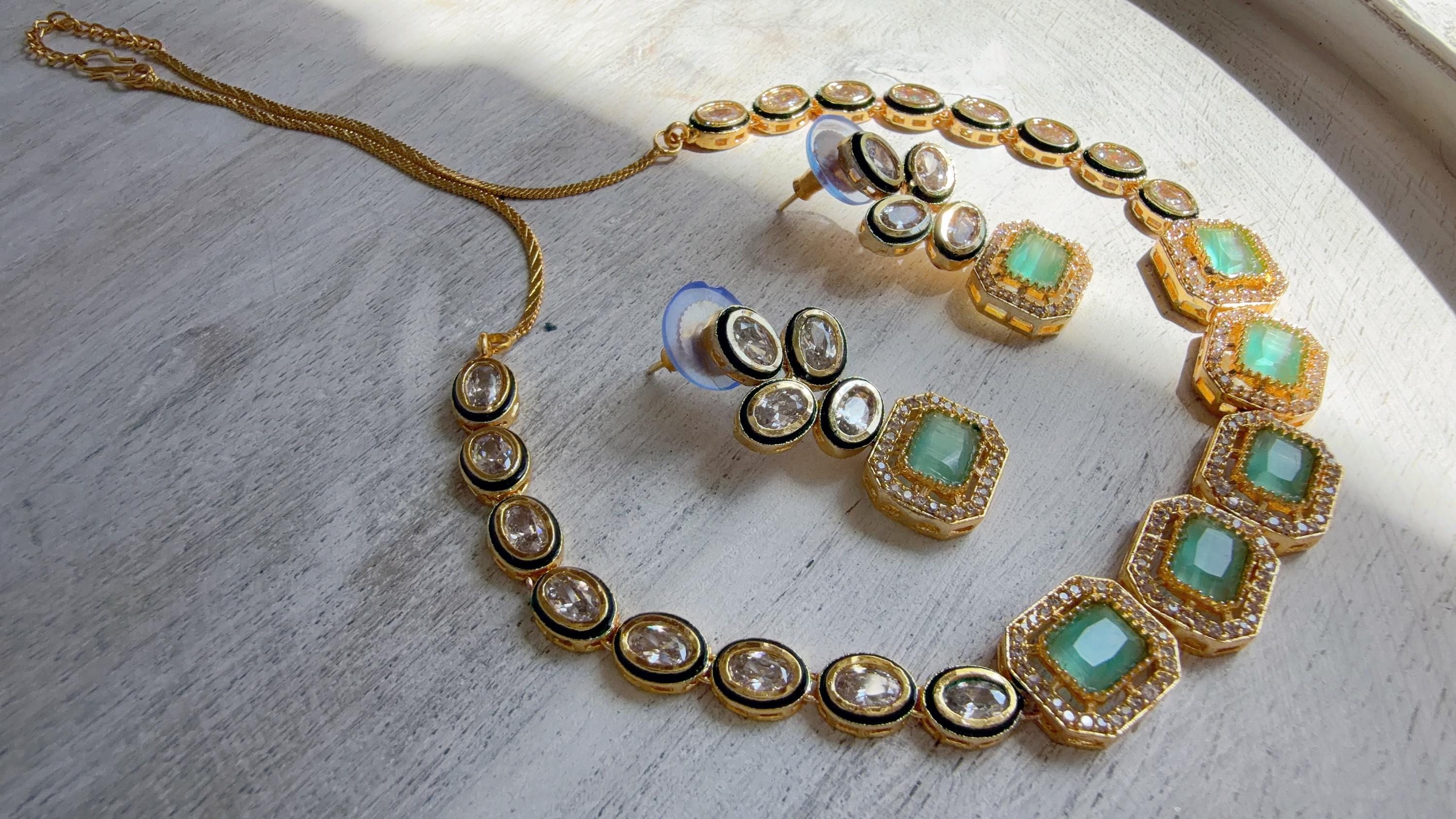 Polki Kundan Mint Necklace Set with Earrings | Indian Bridal Wedding Necklace | Traditional Polki Necklace - Mehak