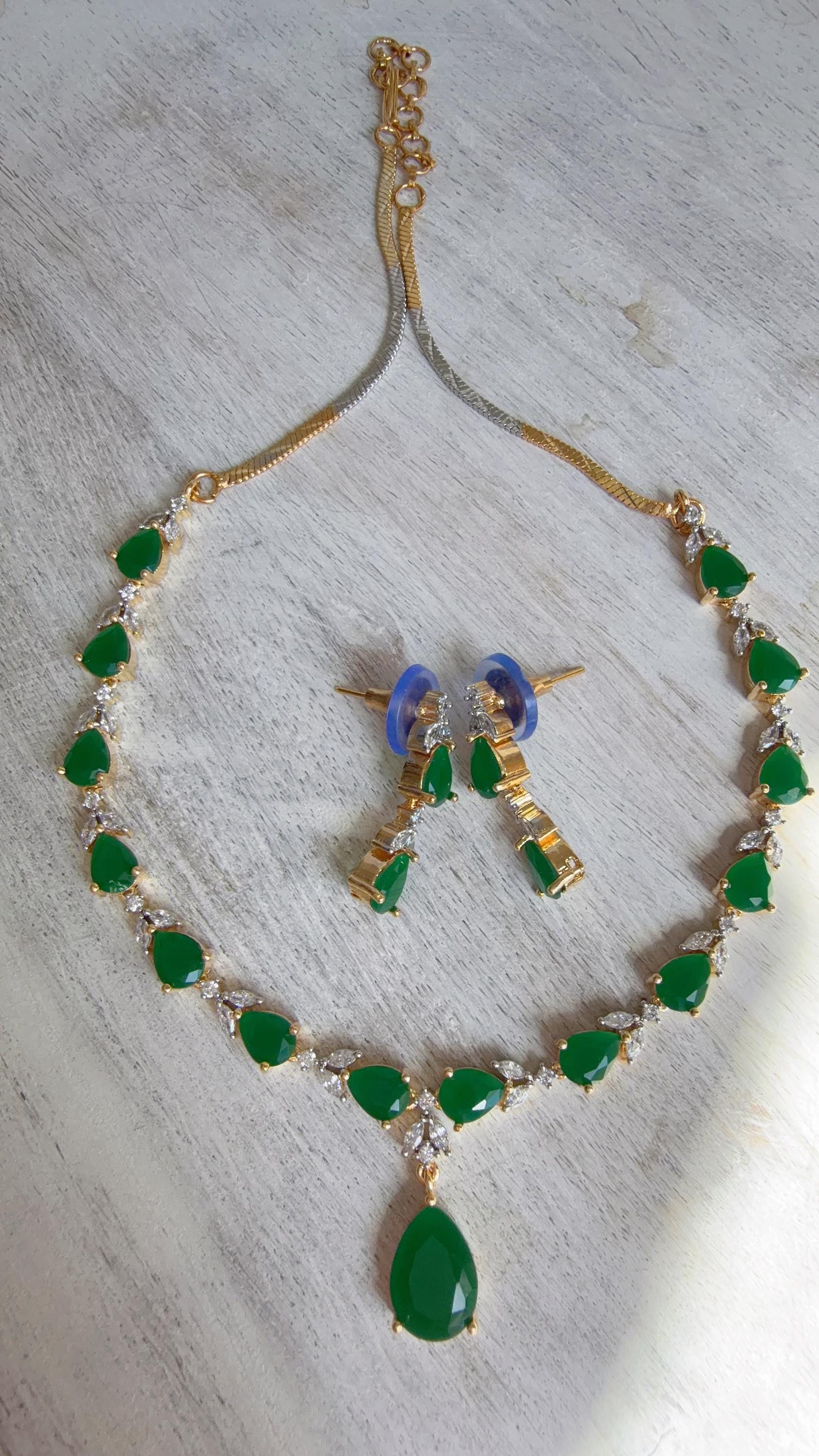 Gold Single Line Green Diamond Necklace | CZ Choker Necklace | Indian Jewelry | Modern Elegant Diamond Necklace | Bridal Party Wear - Shelly