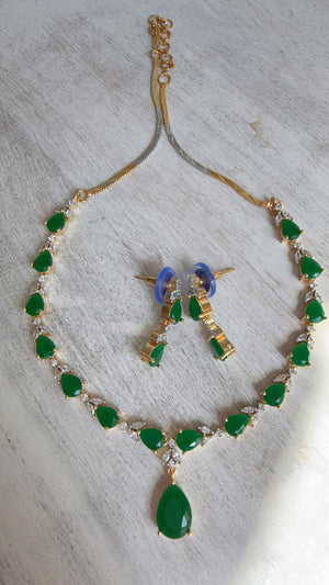 Gold Single Line Green Diamond Necklace | CZ Choker Necklace | Indian Jewelry | Modern Elegant Diamond Necklace | Bridal Party Wear - Shelly