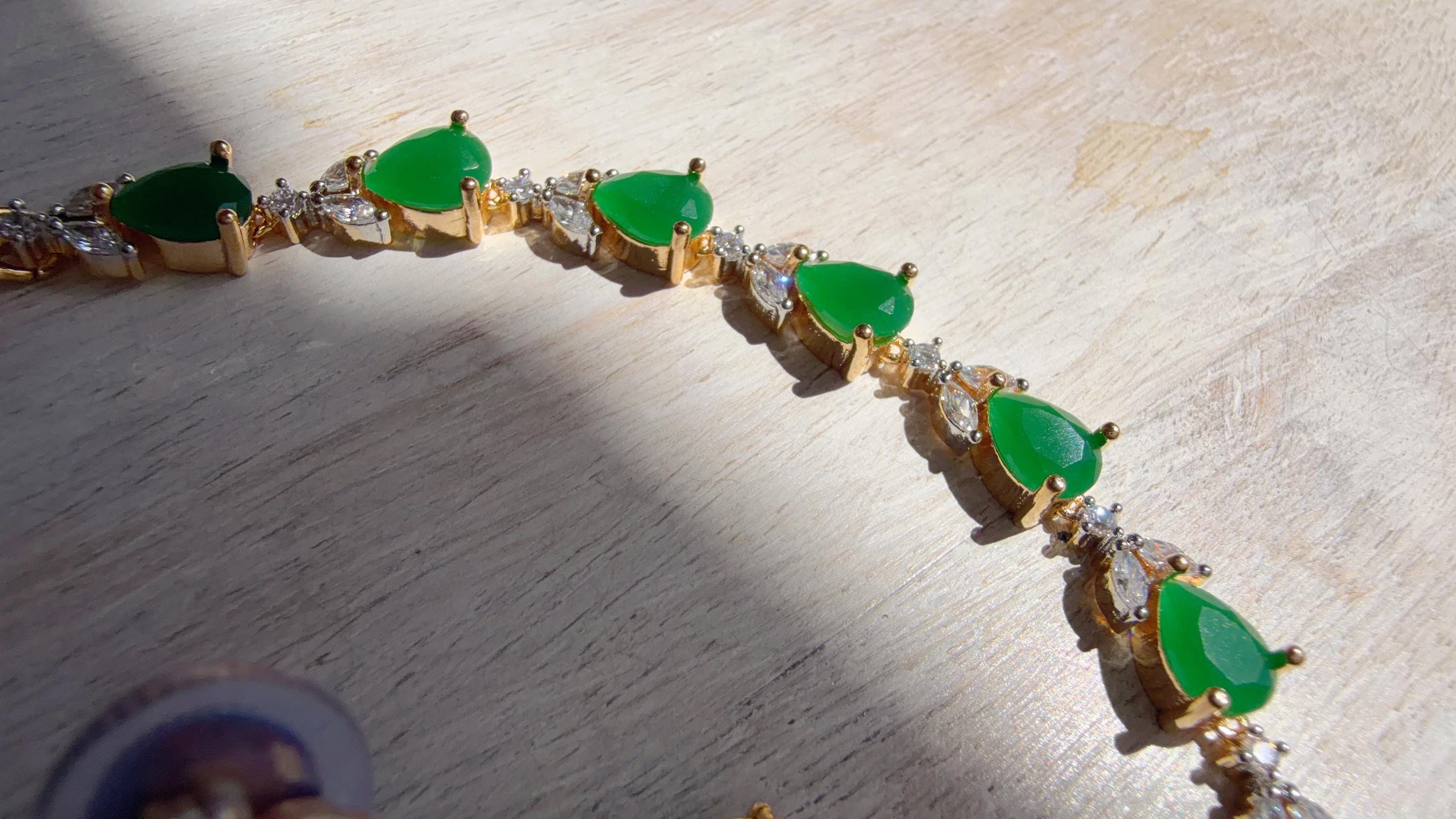 Gold Single Line Green Diamond Necklace | CZ Choker Necklace | Indian Jewelry | Modern Elegant Diamond Necklace | Bridal Party Wear - Shelly