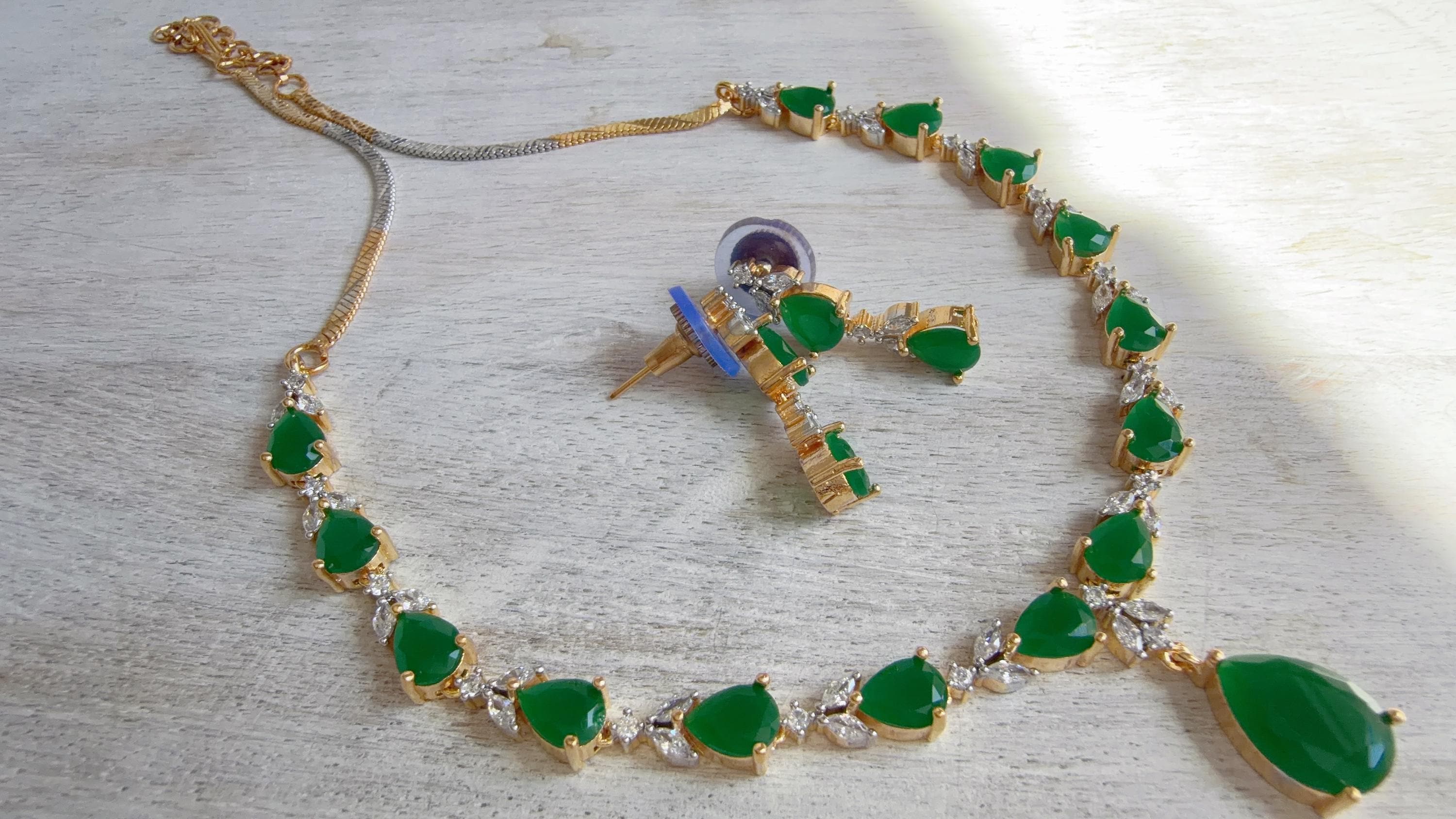 Gold Single Line Green Diamond Necklace | CZ Choker Necklace | Indian Jewelry | Modern Elegant Diamond Necklace | Bridal Party Wear - Shelly