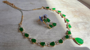 Gold Single Line Green Diamond Necklace | CZ Choker Necklace | Indian Jewelry | Modern Elegant Diamond Necklace | Bridal Party Wear - Shelly