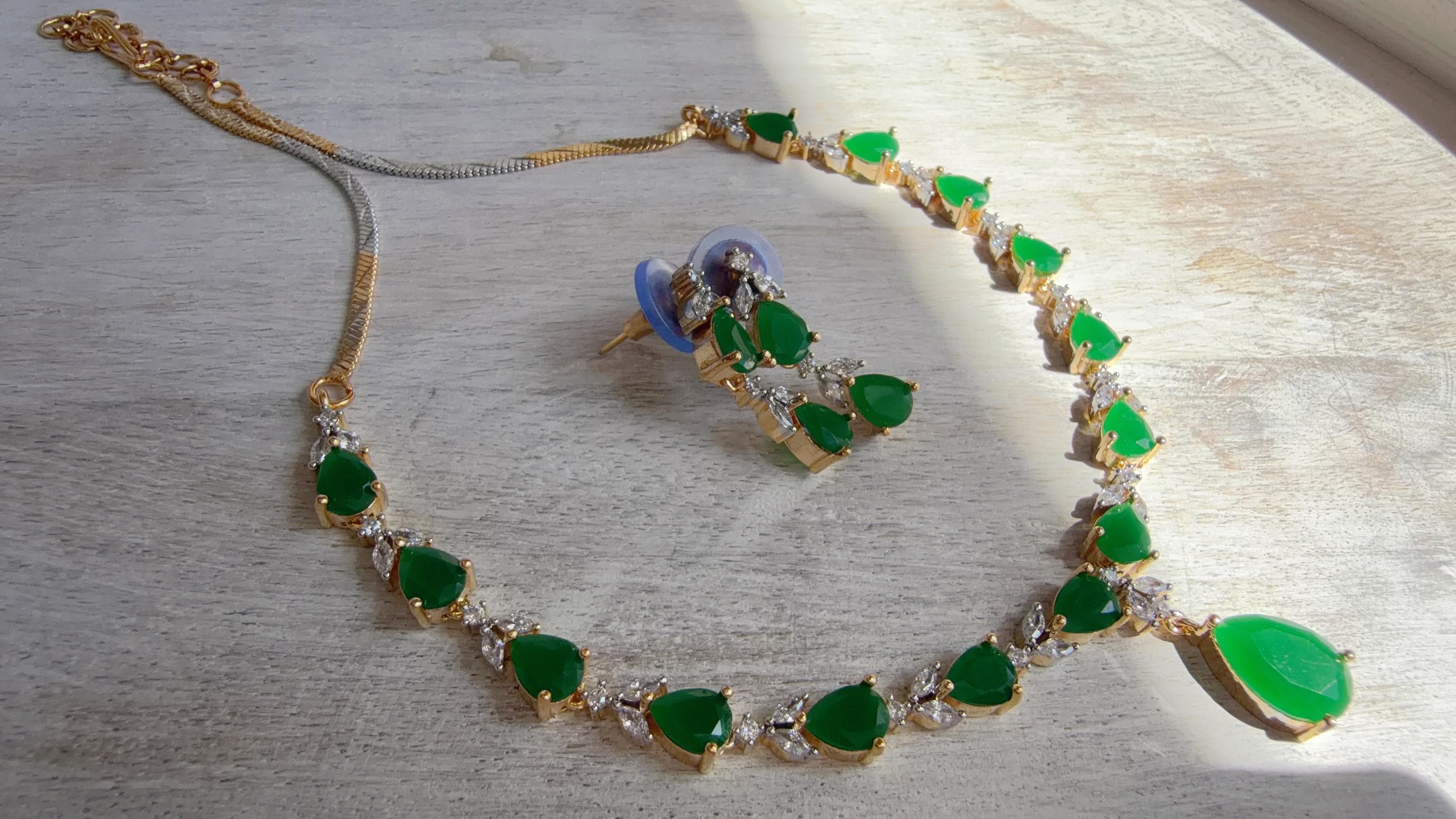 Gold Single Line Green Diamond Necklace | CZ Choker Necklace | Indian Jewelry | Modern Elegant Diamond Necklace | Bridal Party Wear - Shelly