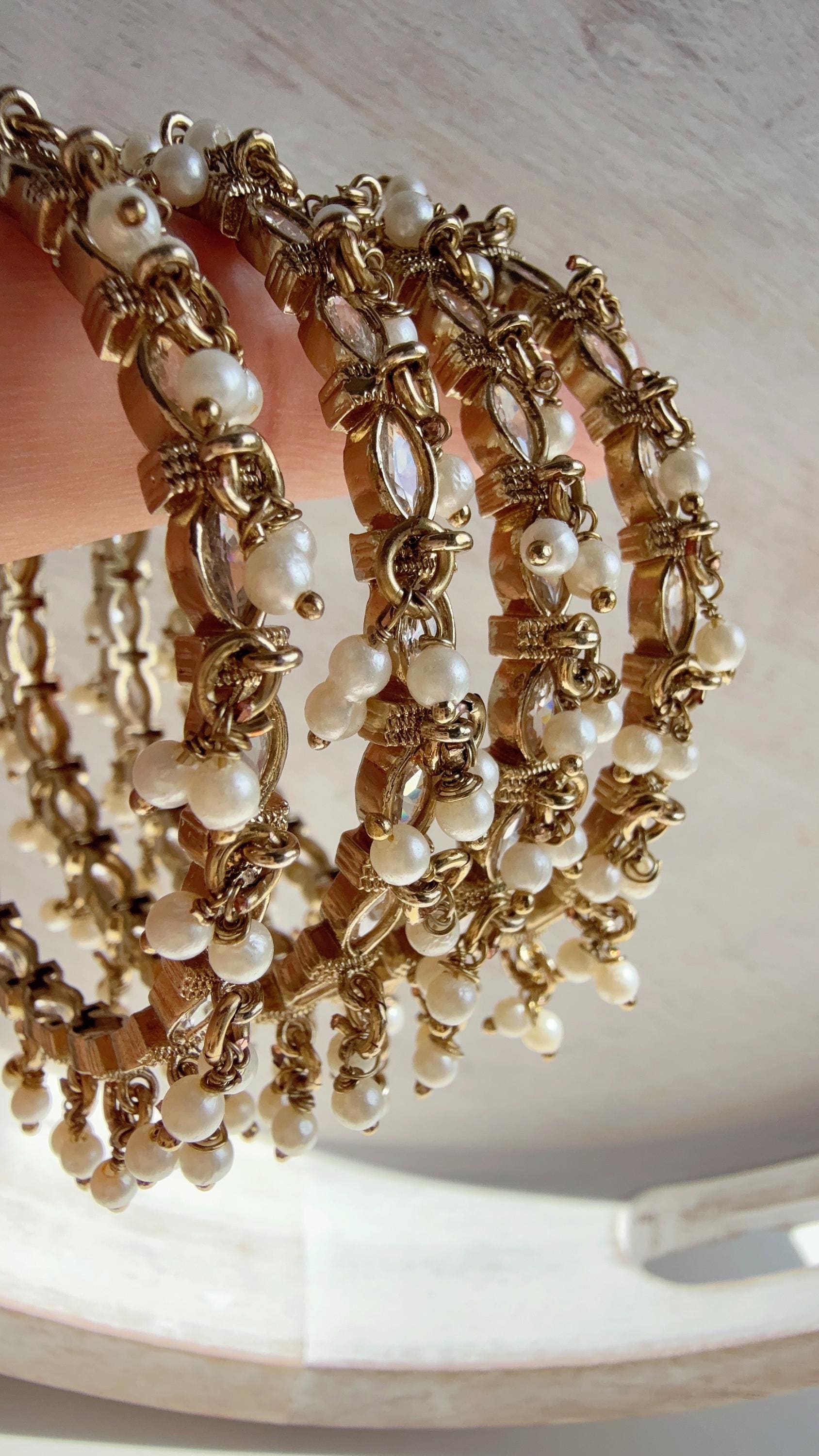 Gold Kundan Pearl Bangles 4 PC/Indian Bangles/Wedding jewelry/Polki