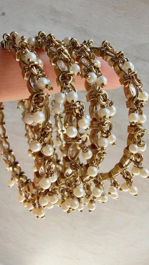 Gold Kundan Pearl Bangles 4 PC/Indian Bangles/Wedding jewelry/Polki