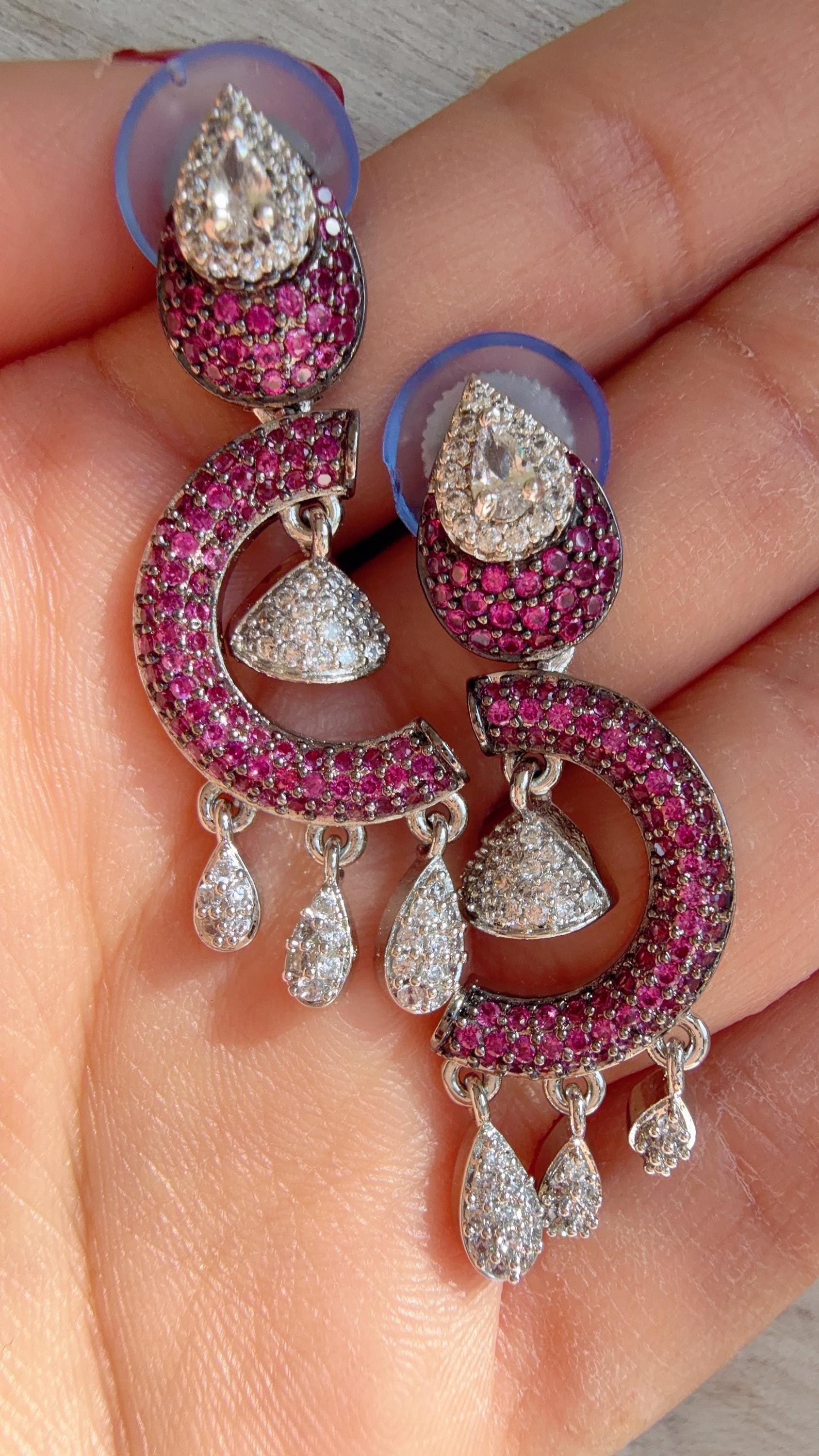 Silver Crystal Pave setting Ruby Earrings | Cubic Zirconia purple Hoops | | Everyday Luxury Jewelry | Gift for Her