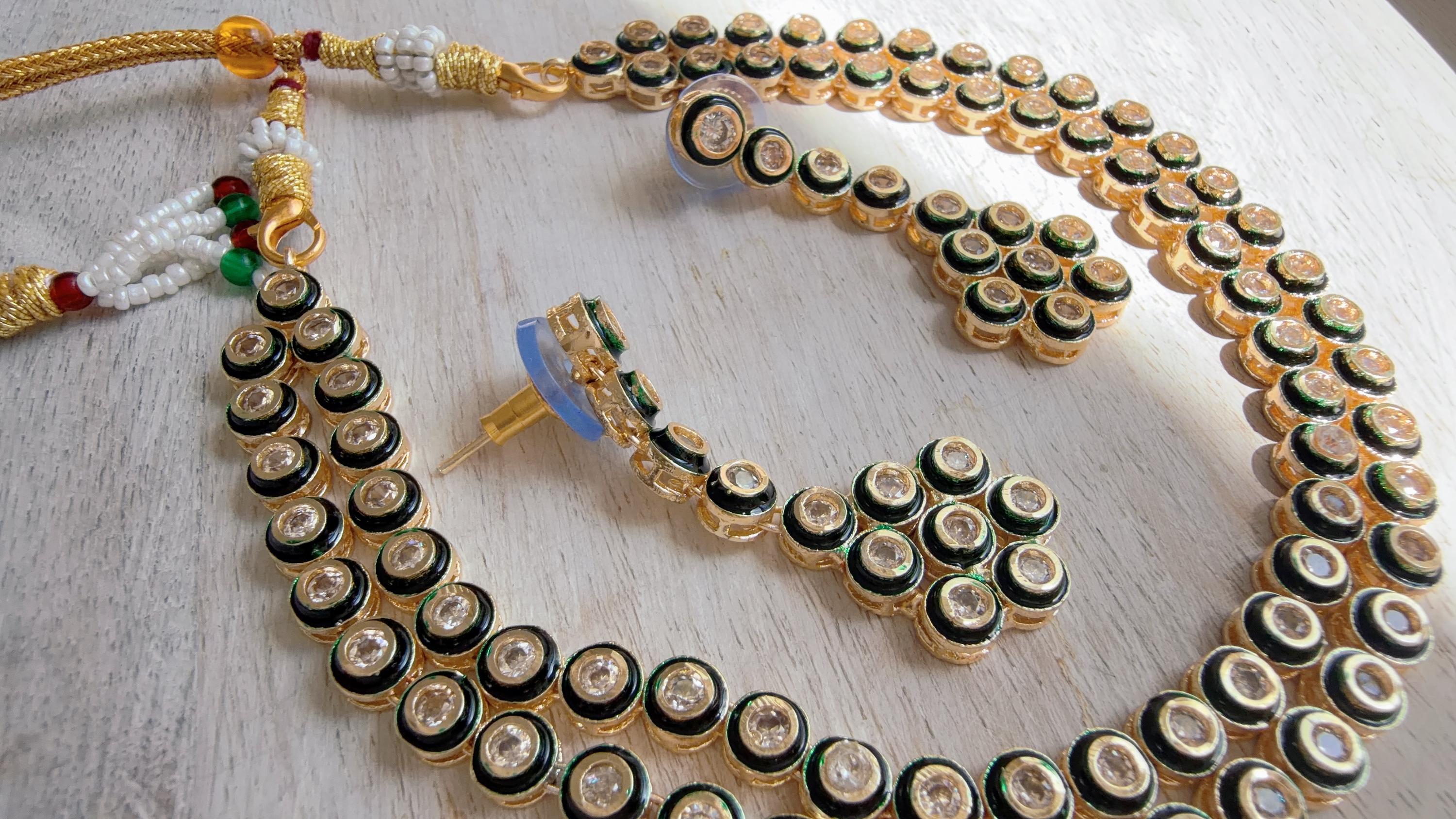 Polki Kundan Meena work Emerald Necklace Set with Earrings | Indian Bridal Wedding Necklace | Traditional Polki Necklace - Mehak