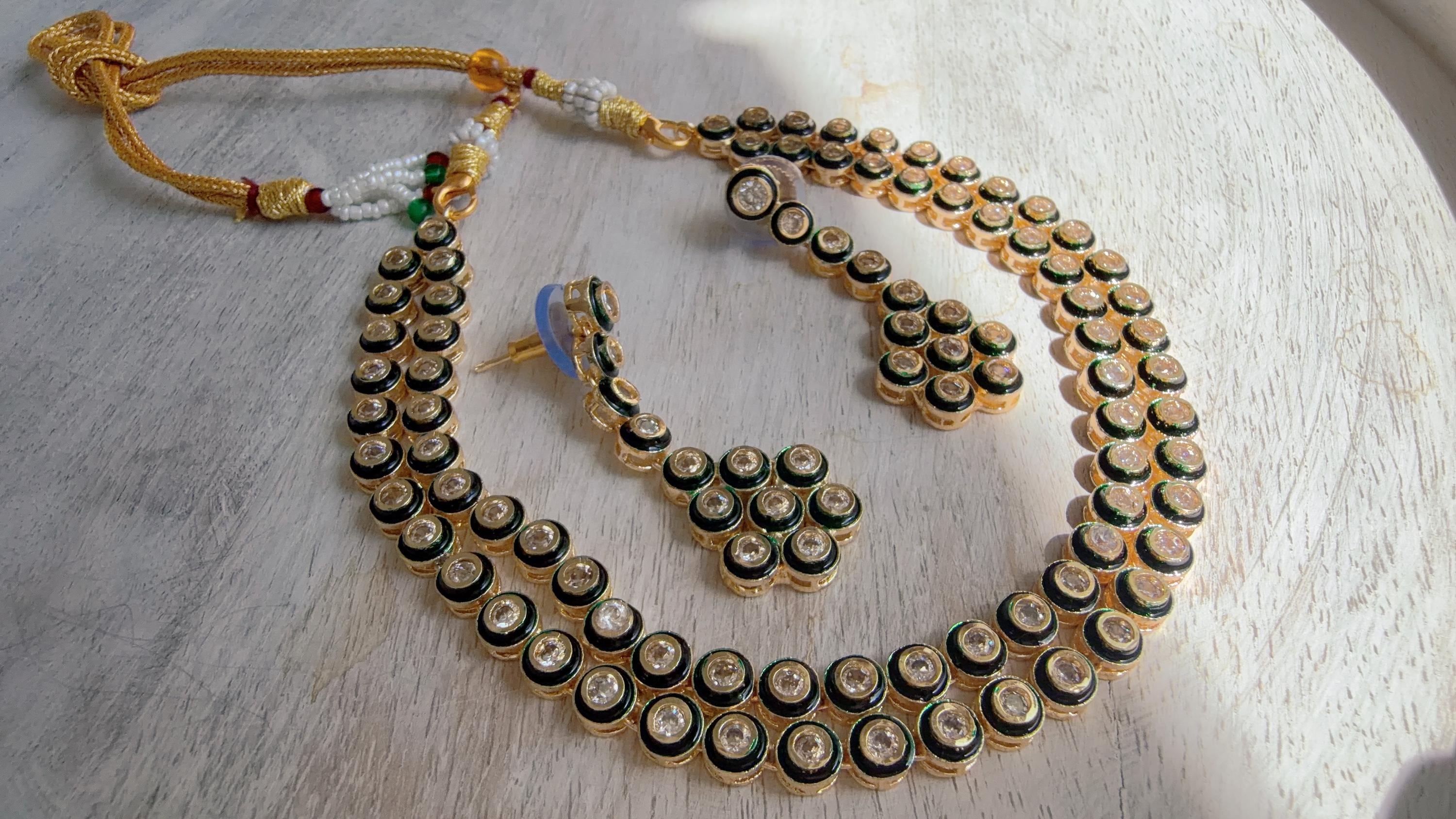 Polki Kundan Meena work Emerald Necklace Set with Earrings | Indian Bridal Wedding Necklace | Traditional Polki Necklace - Mehak