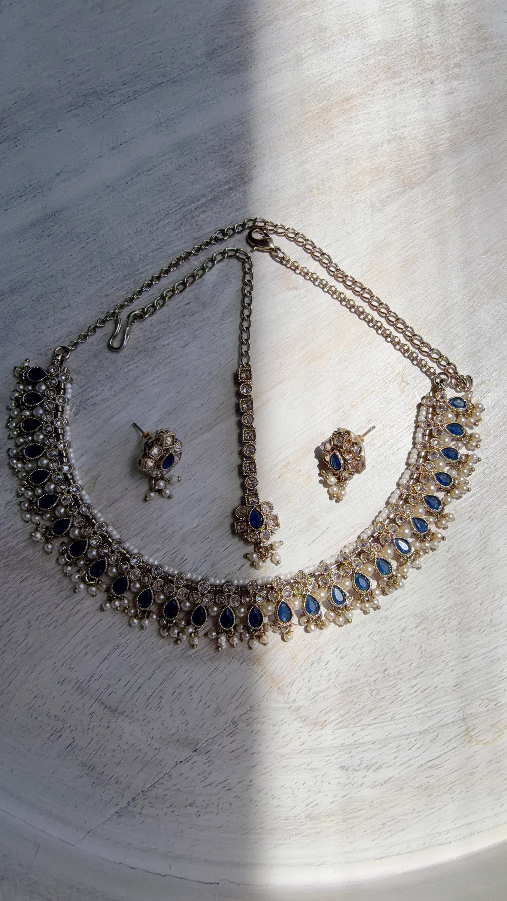 Petite look Antique Polki Kundan blue Necklace Set with stud Earrings and Tikka | Indian Jewelry | Bridal Jewelry Kaur