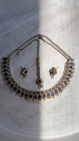Petite look Antique Polki Kundan blue Necklace Set with stud Earrings and Tikka | Indian Jewelry | Bridal Jewelry Kaur