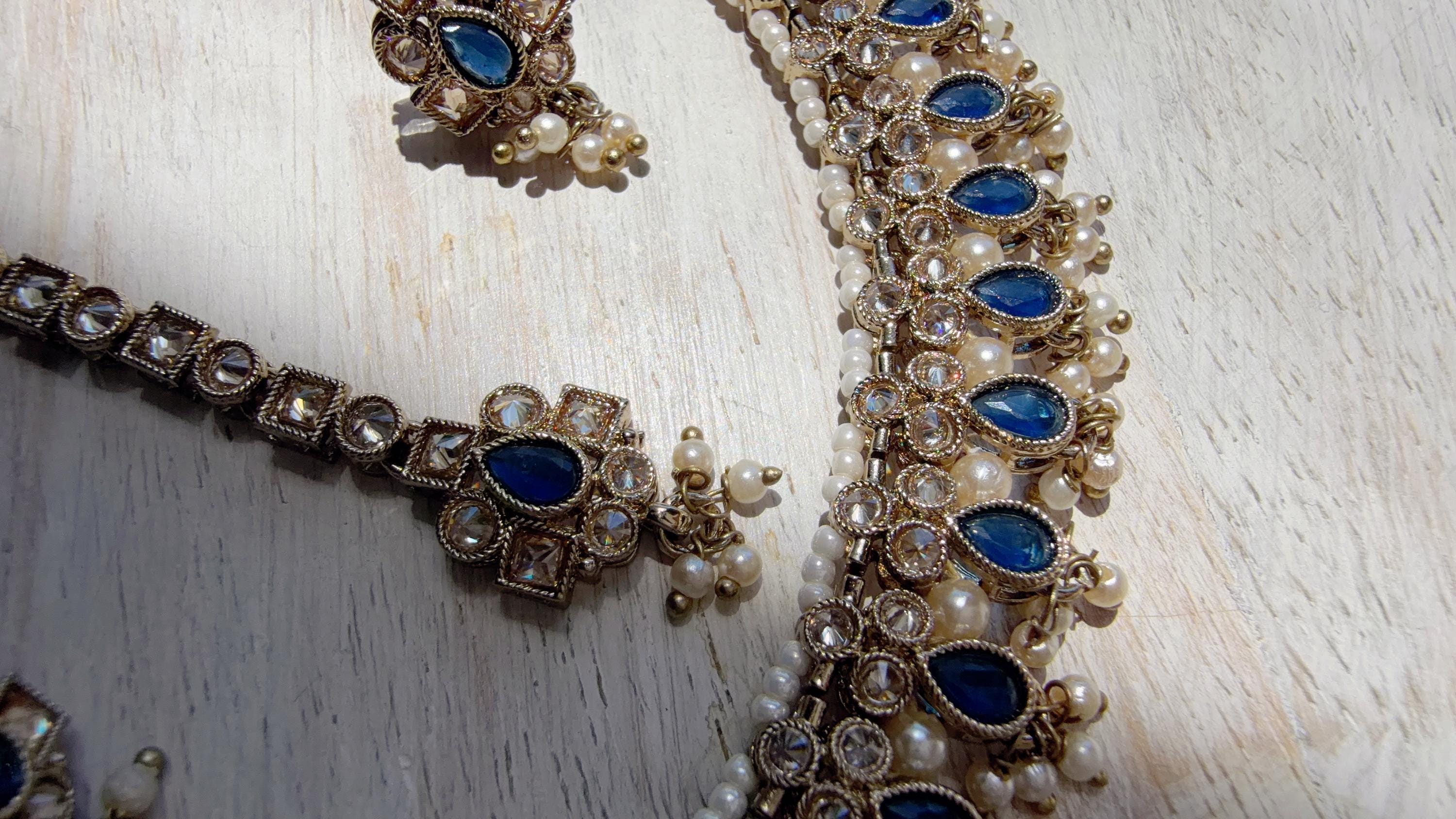 Petite look Antique Polki Kundan blue Necklace Set with stud Earrings and Tikka | Indian Jewelry | Bridal Jewelry Kaur