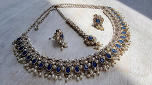 Petite look Antique Polki Kundan blue Necklace Set with stud Earrings and Tikka | Indian Jewelry | Bridal Jewelry Kaur