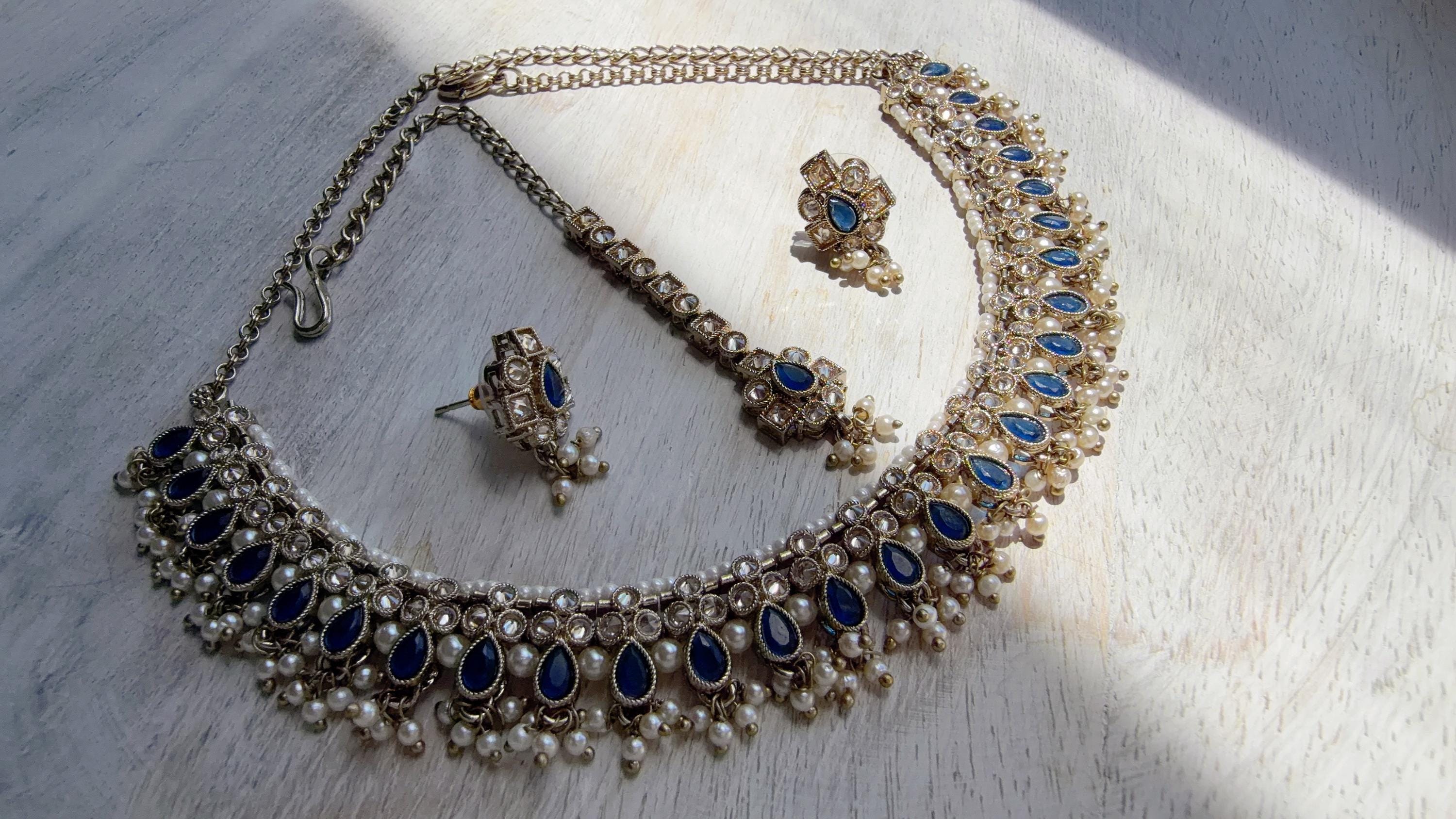 Petite look Antique Polki Kundan blue Necklace Set with stud Earrings and Tikka | Indian Jewelry | Bridal Jewelry Kaur