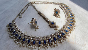 Petite look Antique Polki Kundan blue Necklace Set with stud Earrings and Tikka | Indian Jewelry | Bridal Jewelry Kaur