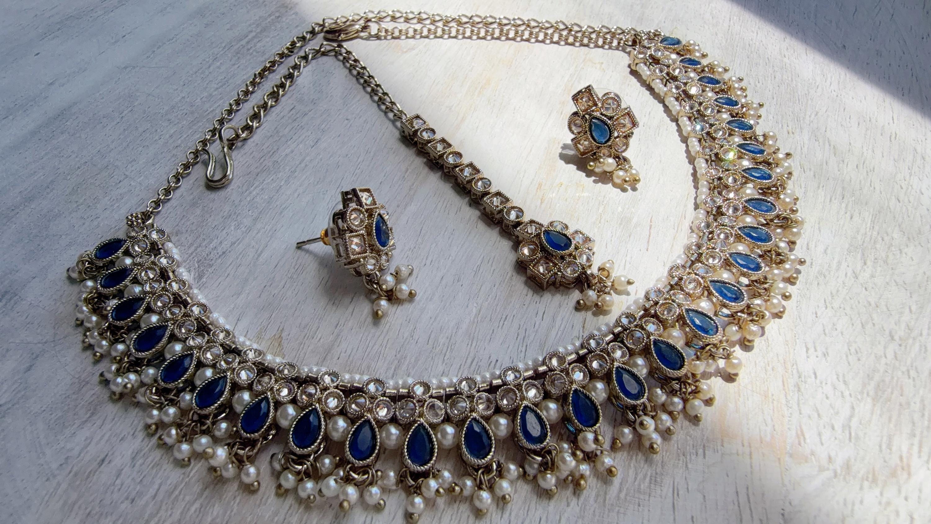 Petite look Antique Polki Kundan blue Necklace Set with stud Earrings and Tikka | Indian Jewelry | Bridal Jewelry Kaur
