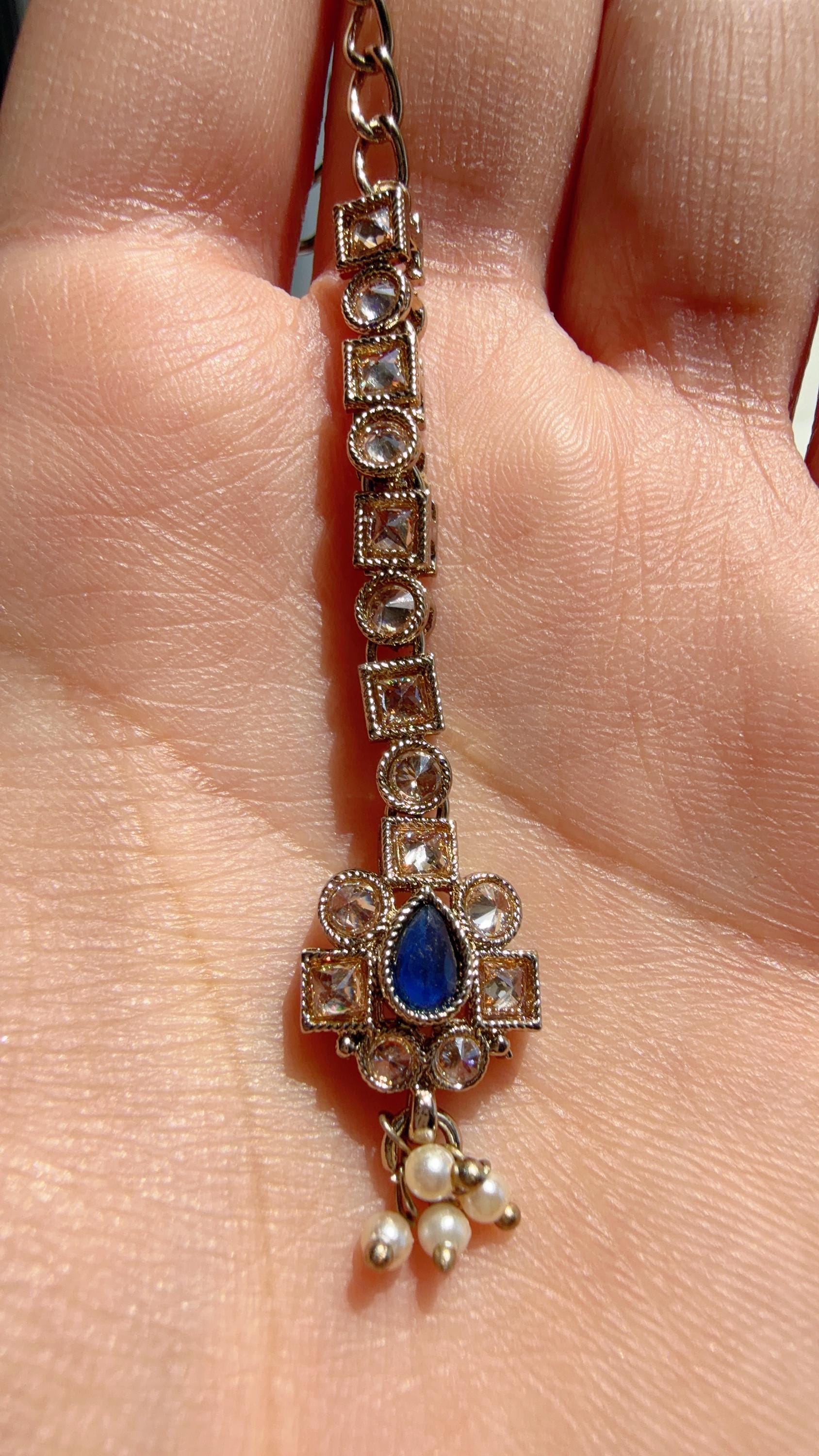 Petite look Antique Polki Kundan blue Necklace Set with stud Earrings and Tikka | Indian Jewelry | Bridal Jewelry Kaur