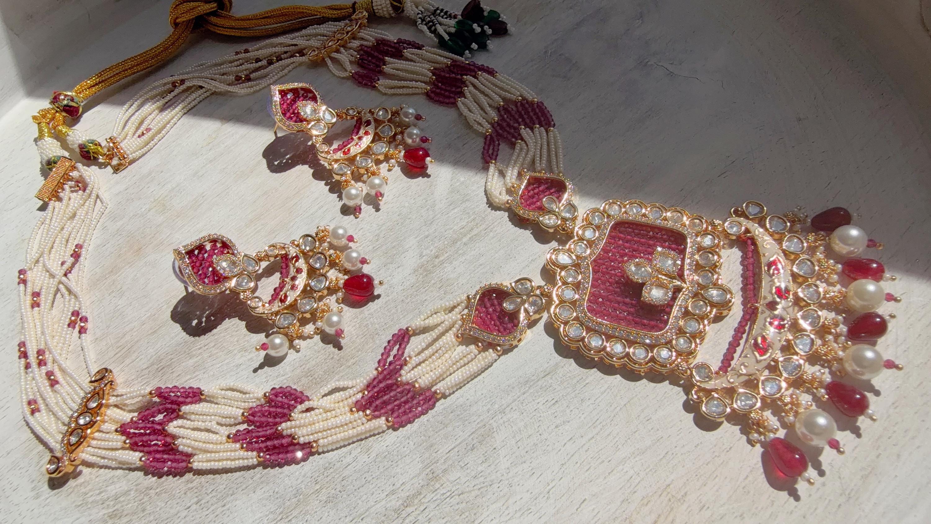 Ruby Diamond Rani Haar Necklace Set | Kundan Diamond Long Necklace | Indian Bridal Jewelry | Indian Wedding Necklace - Mary